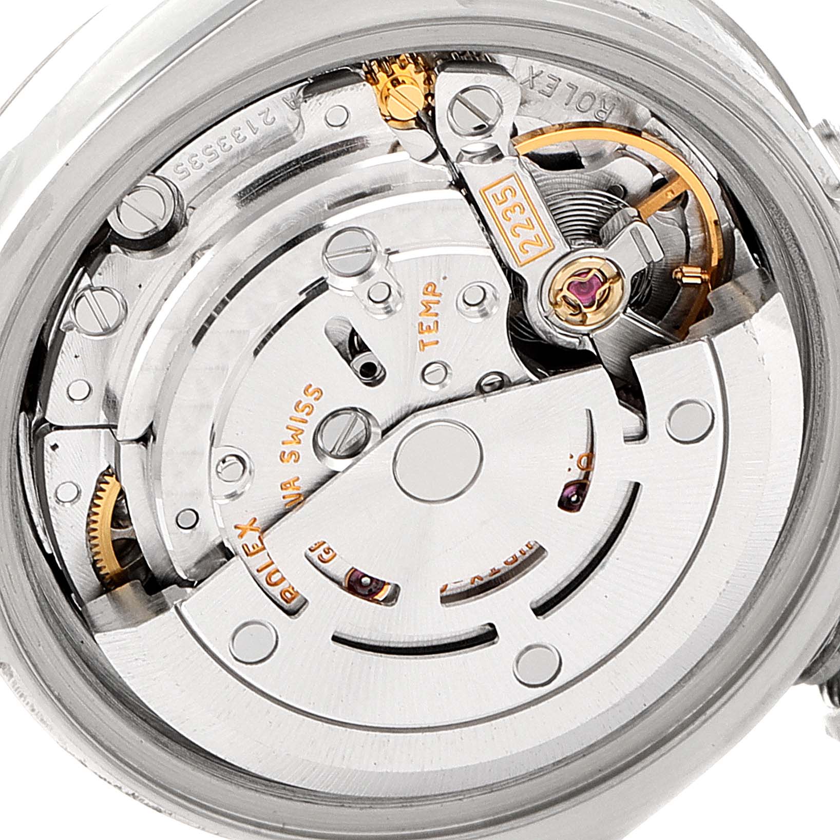 The image shows a close-up view of the movement mechanism of the Rolex Datejust 179174 Women's Stainless Steel Mother of Pearl Dial 179174 Women's Stainless Steel Mother of Pearl Dial watch.