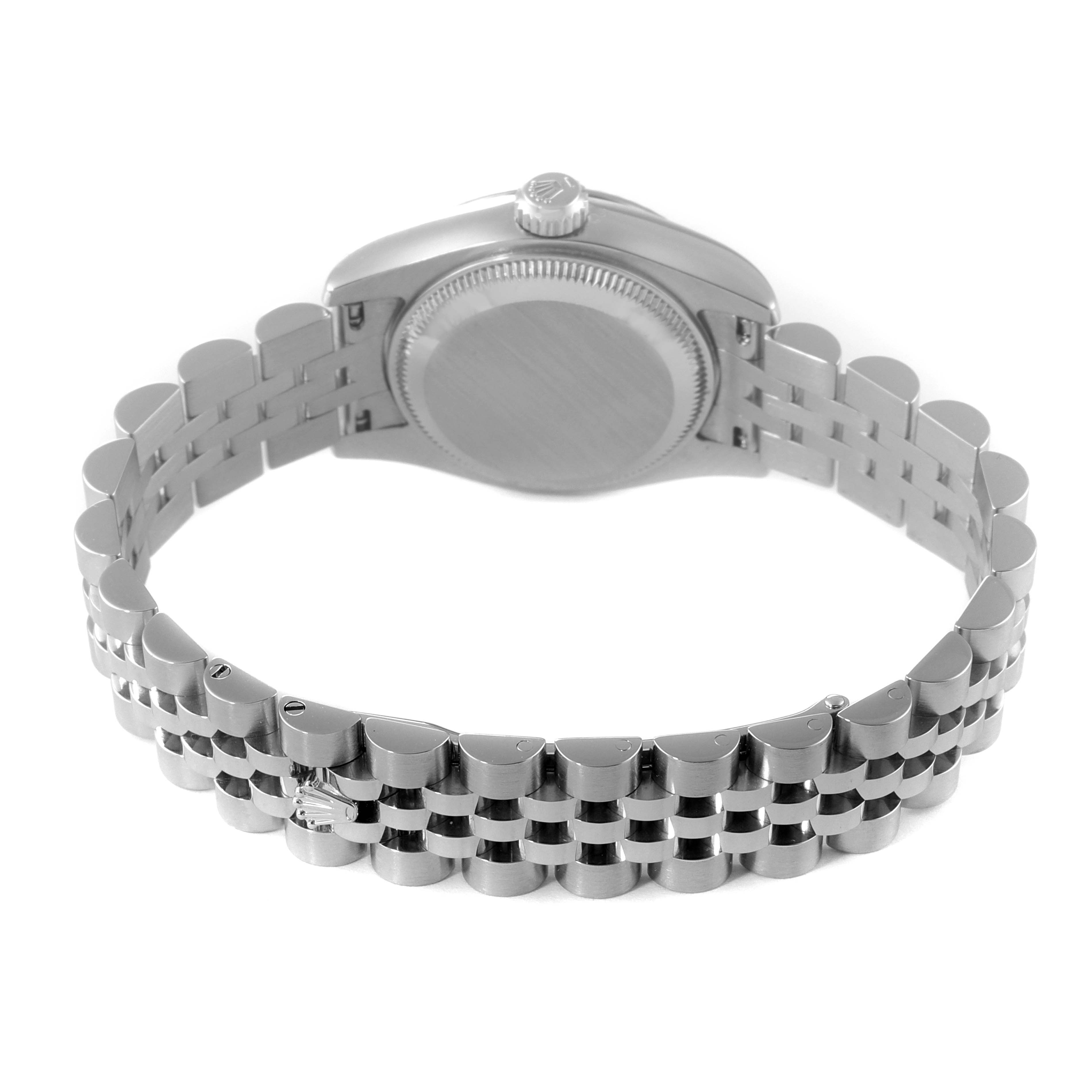 The image shows the back view of a Rolex Datejust 179174 Women's Stainless Steel Mother of Pearl Dial 179174 Women's Stainless Steel Mother of Pearl Dial watch focusing on the case back and bracelet.