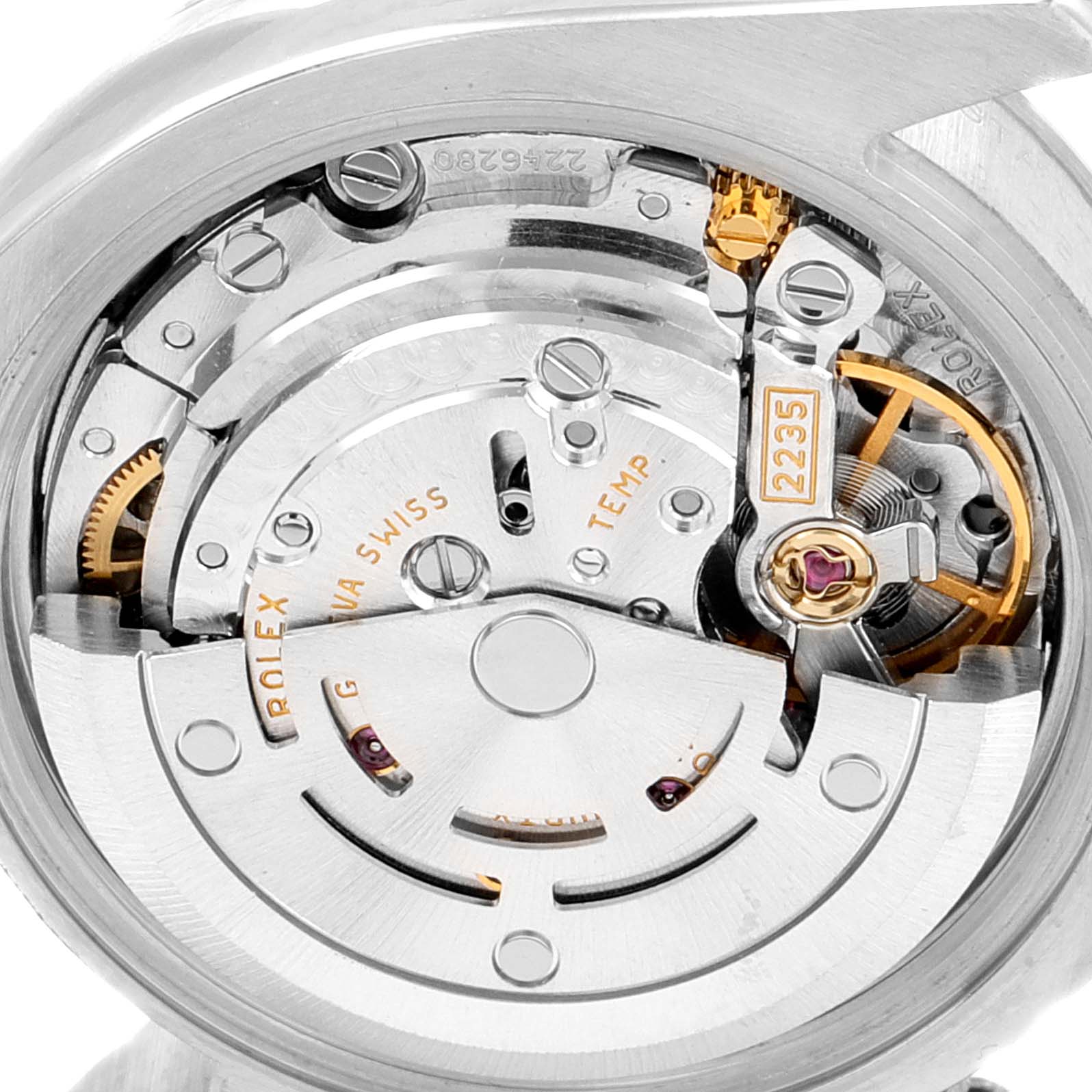 This image shows a close-up view of the movement mechanism of a Rolex Datejust 179174 Women's Stainless Steel Mother of Pearl Dial 179174 Women's Stainless Steel Mother of Pearl Dial watch.