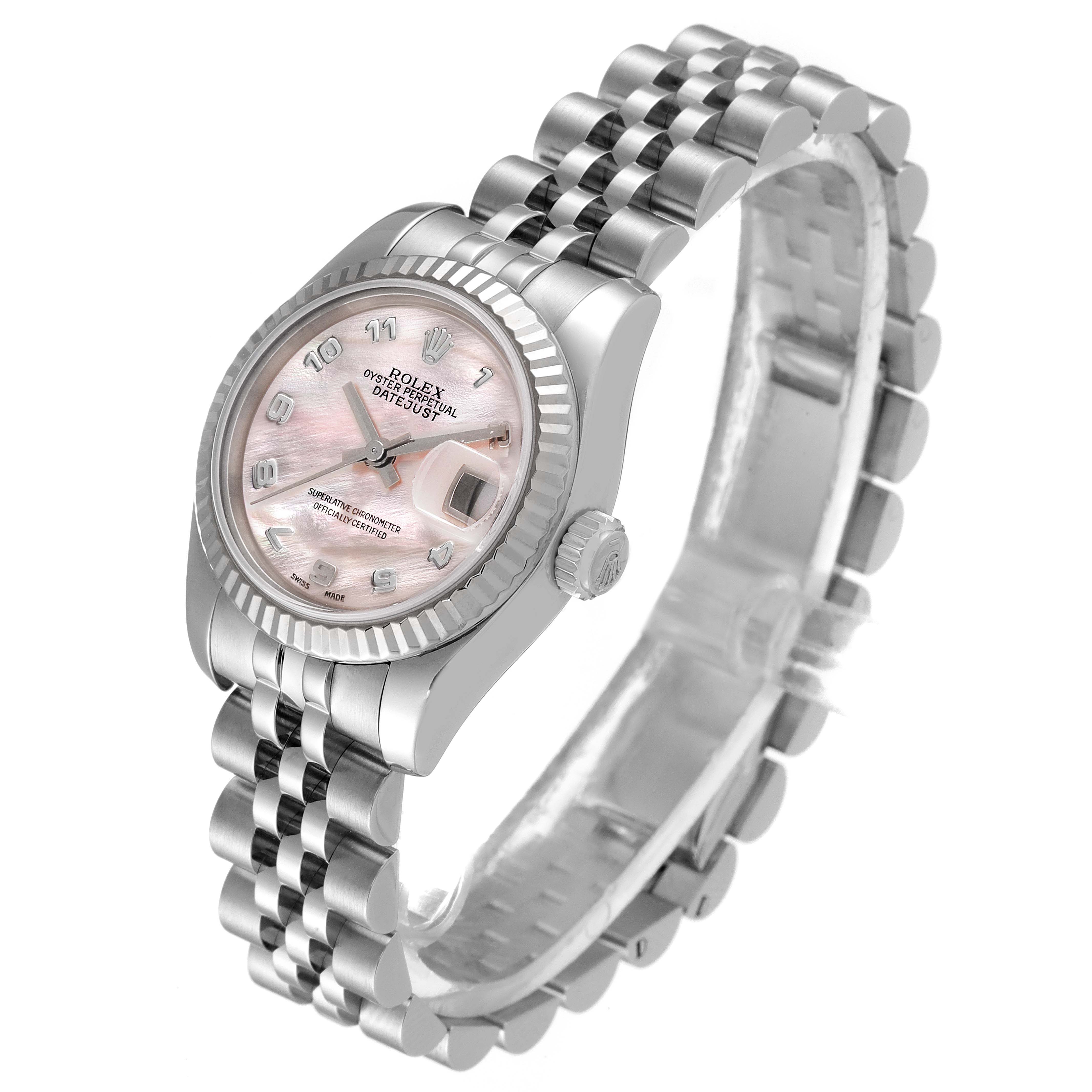 The image shows a Rolex Datejust 179174 Women's Stainless Steel Mother of Pearl Dial 179174 Women's Stainless Steel Mother of Pearl Dial watch at a slight angle, highlighting the face, bezel, crown, and bracelet.