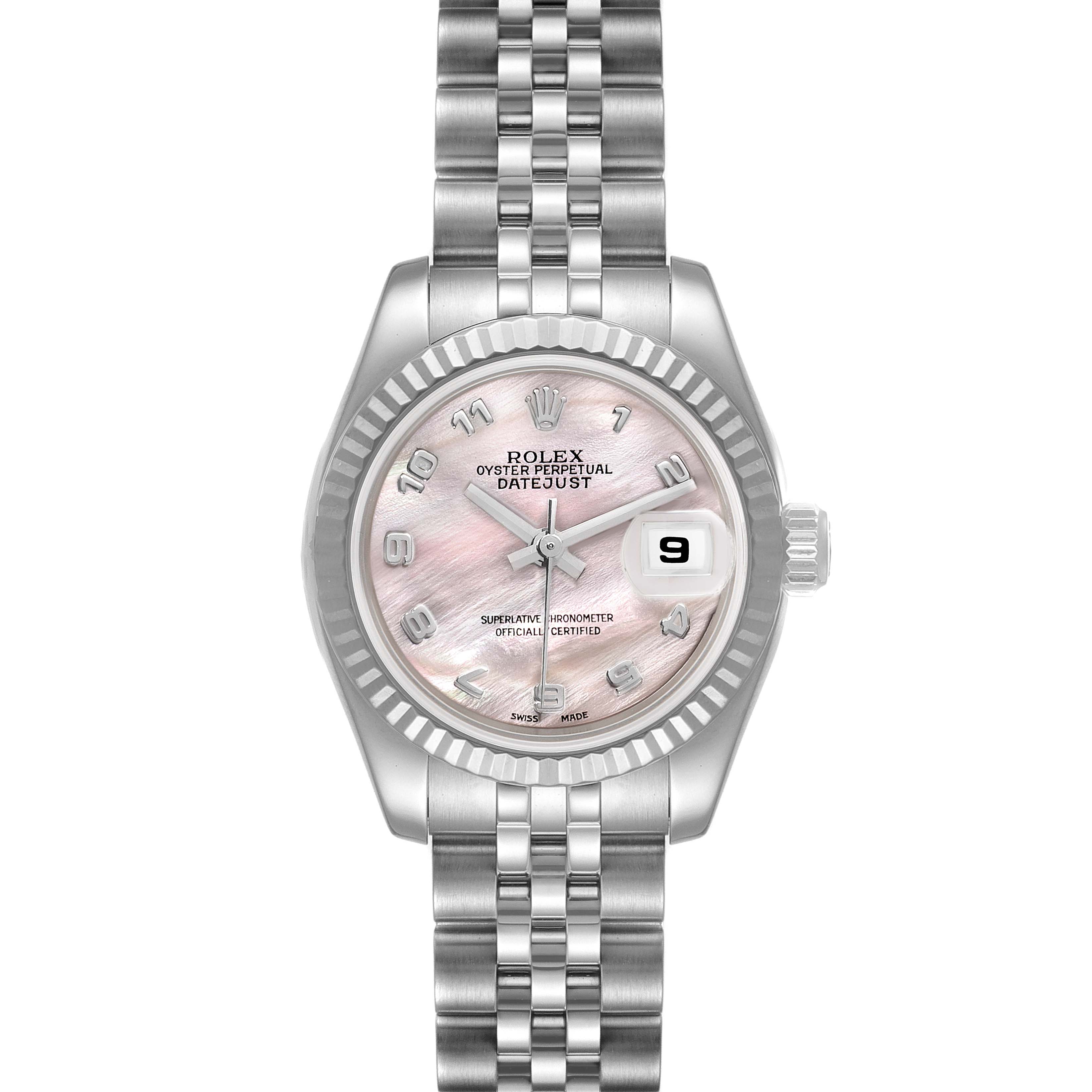 This image shows a front view of the Rolex Datejust 179174 Women's Stainless Steel Mother of Pearl Dial 179174 Women's Stainless Steel Mother of Pearl Dial watch, displaying the face, bezel, and bracelet.