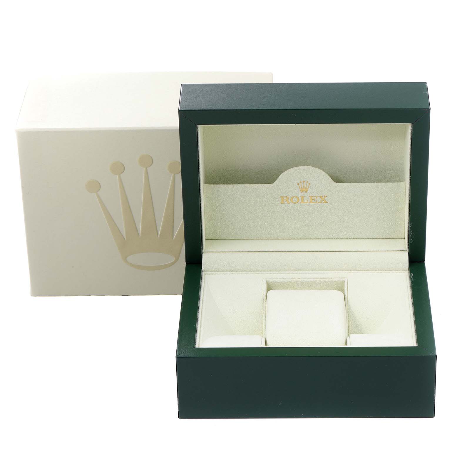 The image shows an open box for the Rolex Datejust 179174 Women's Stainless Steel Mother of Pearl Dial 179174 Women's Stainless Steel Mother of Pearl Dial watch, featuring the brand's logo on both the box and cushion.