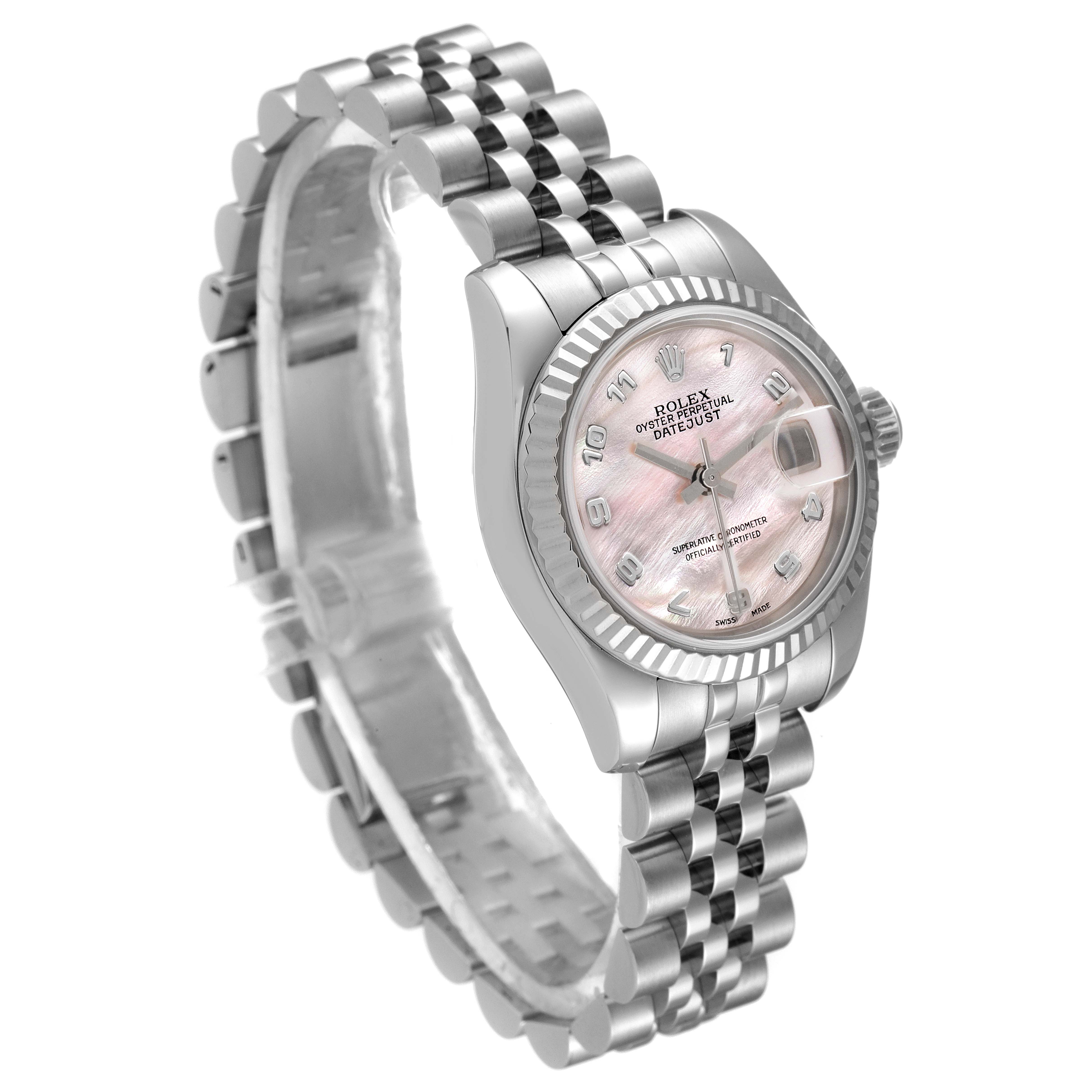 The Rolex Datejust 179174 Women's Stainless Steel Mother of Pearl Dial 179174 Women's Stainless Steel Mother of Pearl Dial watch is shown at a slight angle, emphasizing the dial, bezel, and Jubilee bracelet.