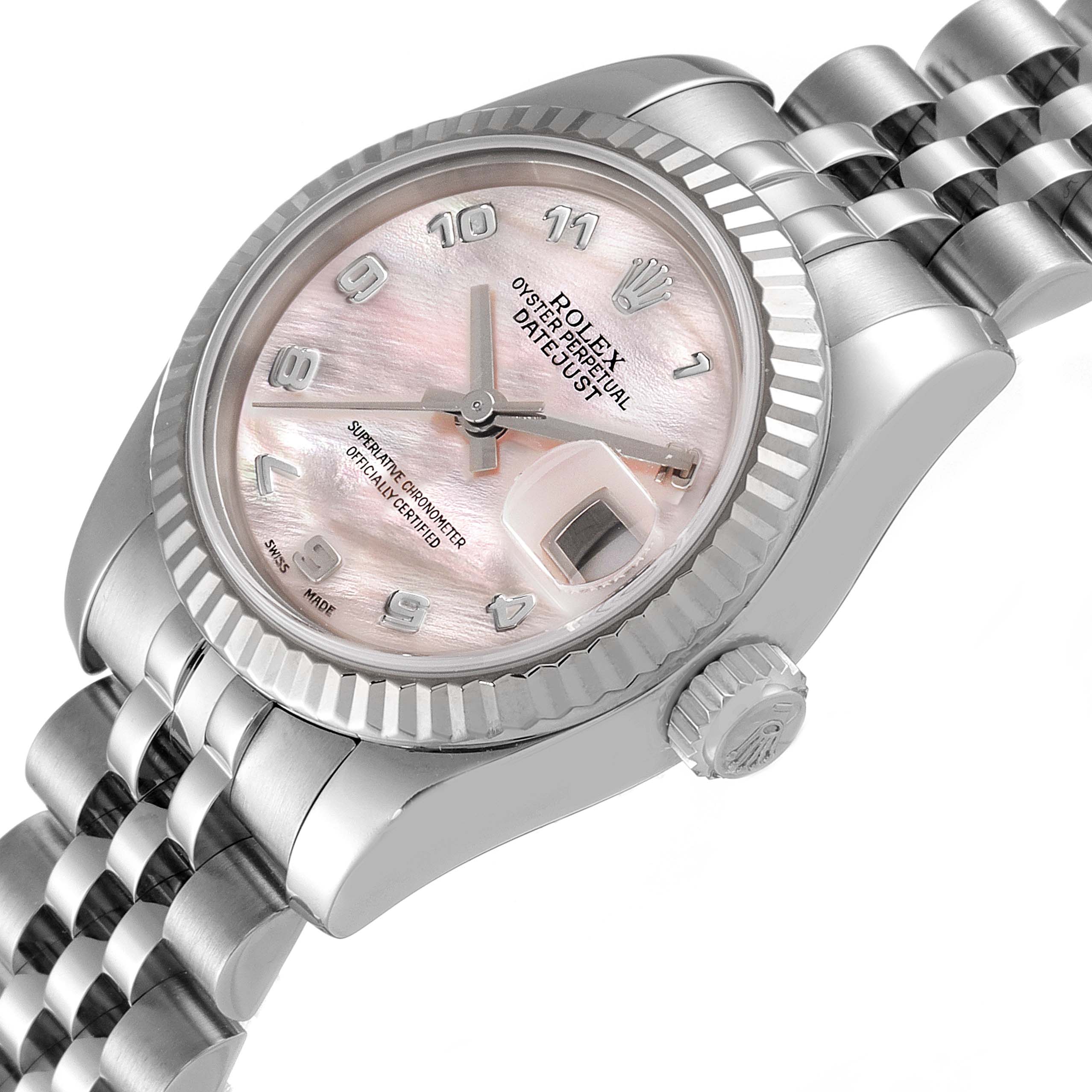 The image shows a close-up side angle of a Rolex Datejust 179174 Women's Stainless Steel Mother of Pearl Dial 179174 Women's Stainless Steel Mother of Pearl Dial watch, highlighting its dial, bezel, crown, and bracelet.
