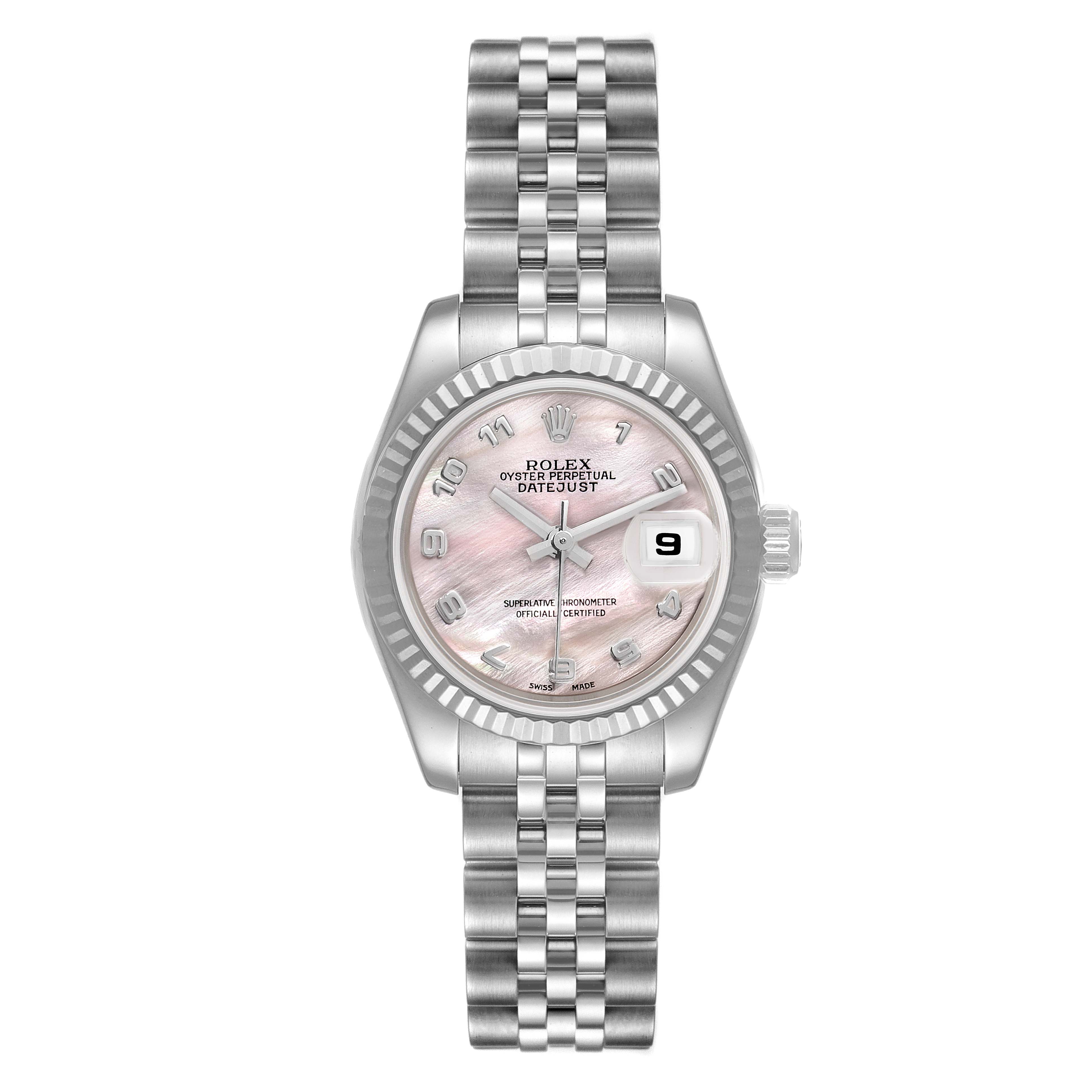 This image shows a Rolex Datejust 179174 Women's Stainless Steel Mother of Pearl Dial 179174 Women's Stainless Steel Mother of Pearl Dial watch from a front angle, highlighting its face, bezel, hands, and bracelet.