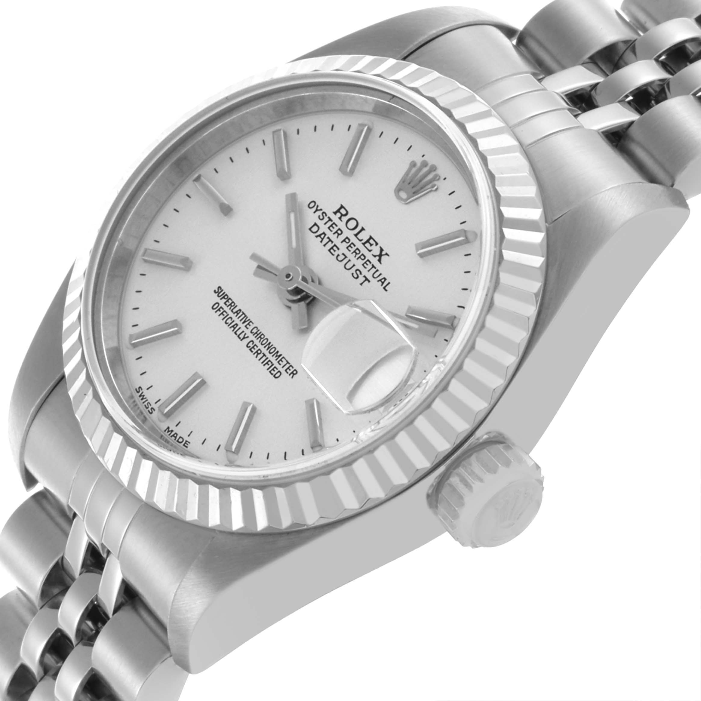 The Rolex Datejust 79174 Women's Stainless Steel White Dial 79174 Women's Stainless Steel White Dial watch is shown at an angled close-up, highlighting the bezel, crown, and part of the bracelet.