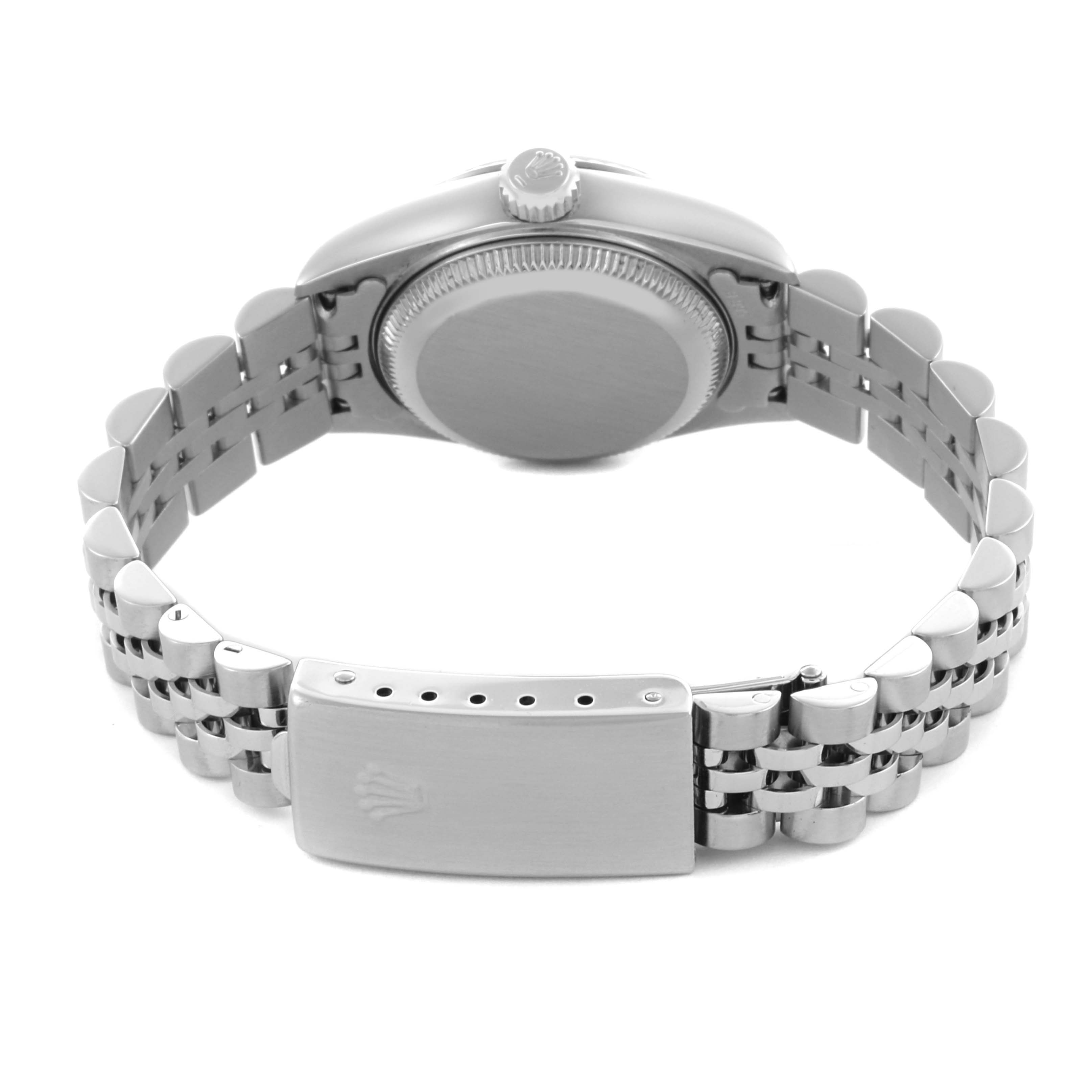 The image shows the back and clasp of a Rolex Datejust 79174 Women's Stainless Steel White Dial 79174 Women's Stainless Steel White Dial watch, highlighting the bracelet links and case back.