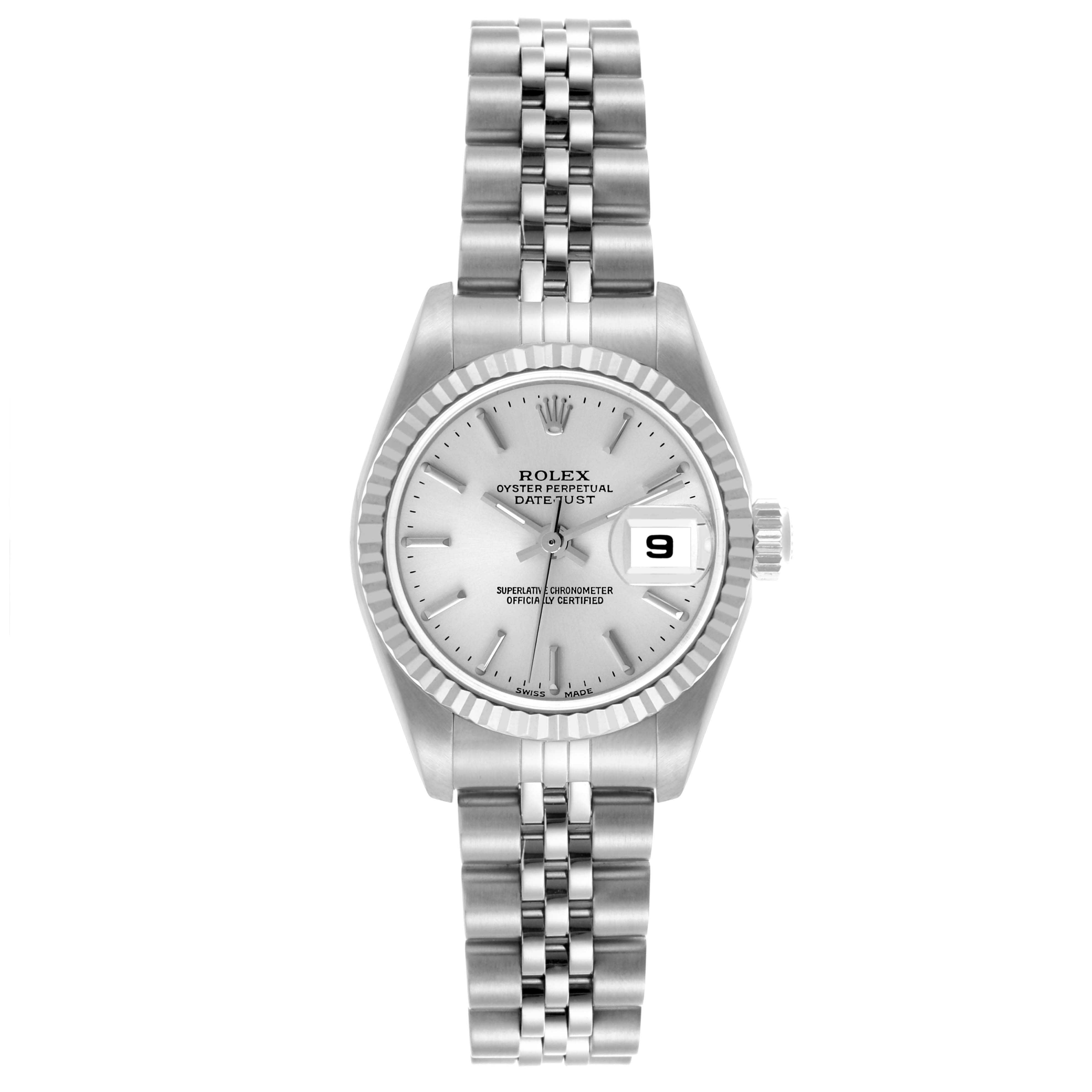 The Rolex Datejust 79174 Women's Stainless Steel White Dial 79174 Women's Stainless Steel White Dial watch is shown from a front angle, displaying the dial, fluted bezel, and Jubilee bracelet.
