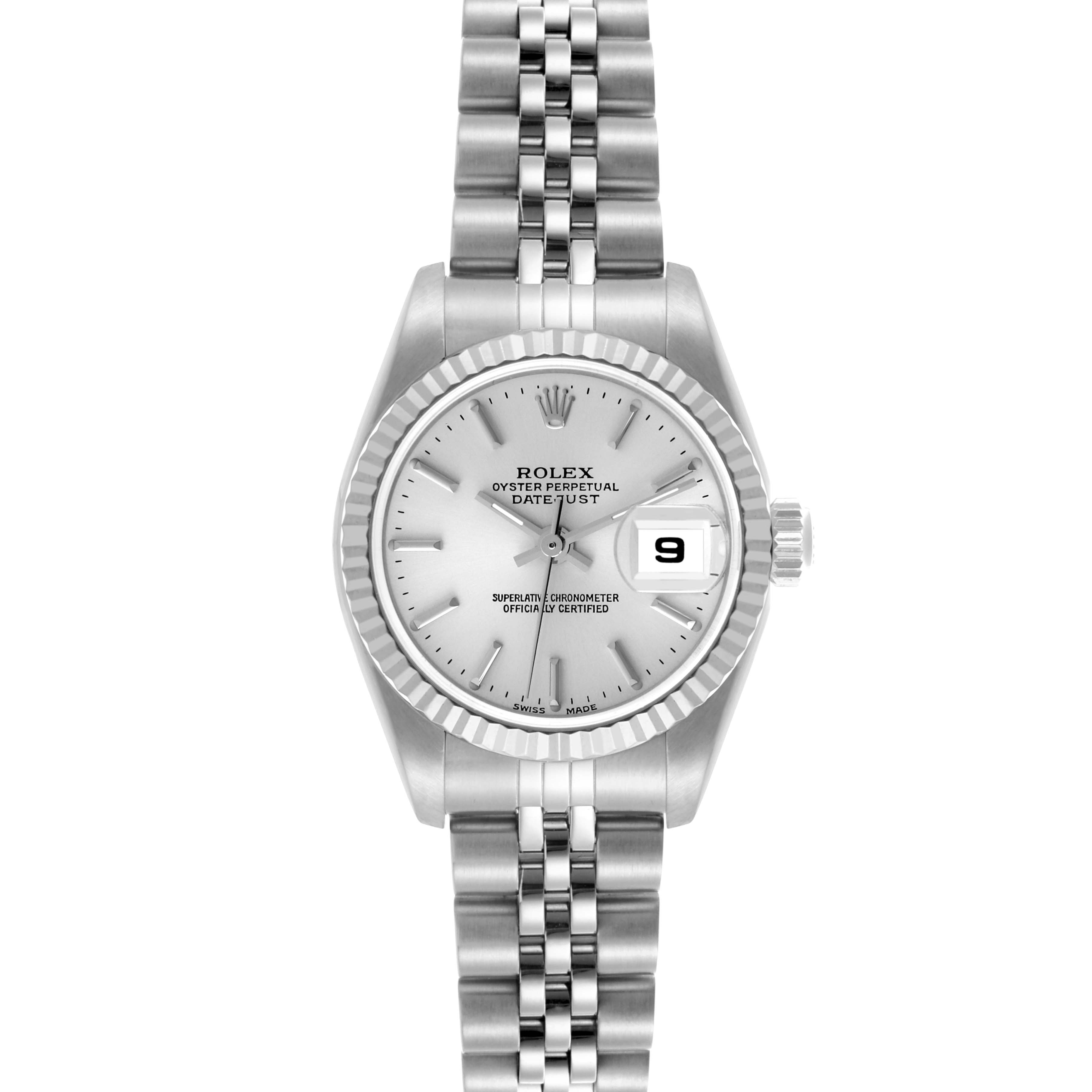 The Rolex Datejust 79174 Women's Stainless Steel White Dial 79174 Women's Stainless Steel White Dial watch is shown from the front, displaying its dial, fluted bezel, and Jubilee bracelet.