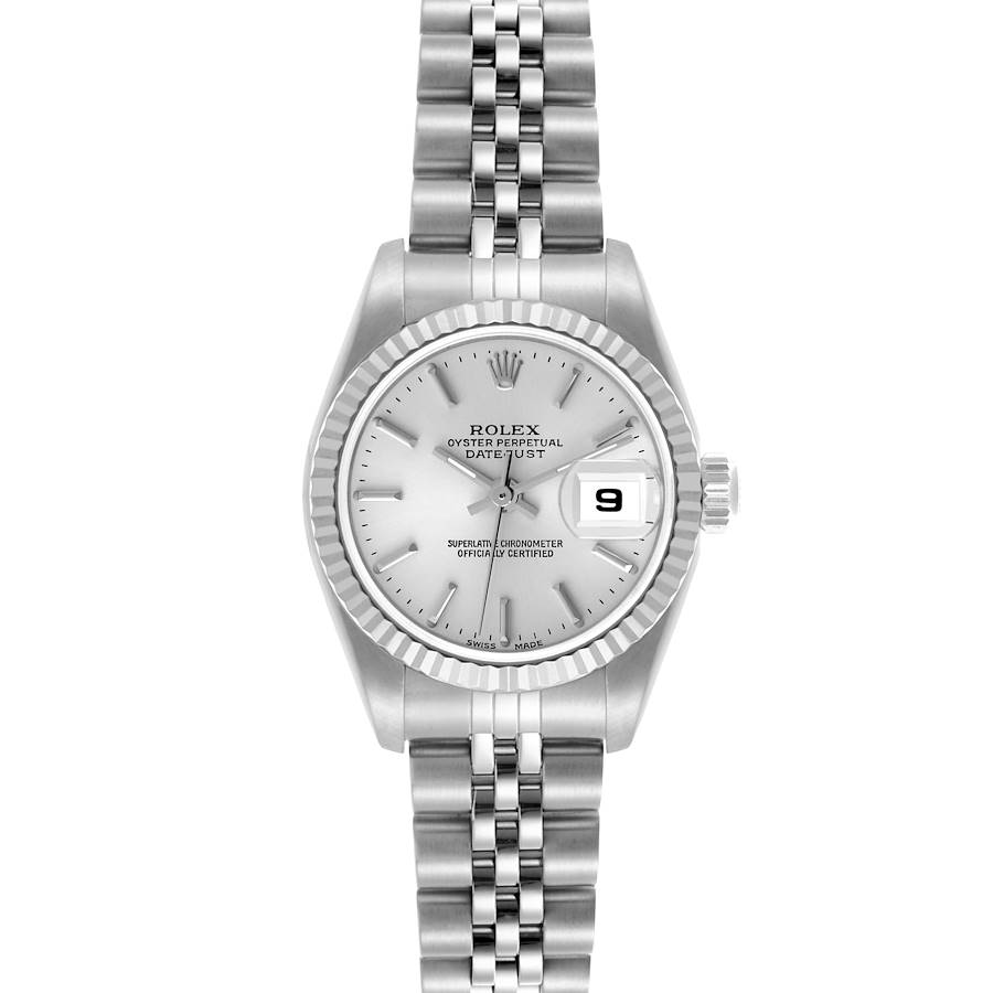 The Rolex Datejust watch is shown from the front, displaying its dial, fluted bezel, and Jubilee bracelet.