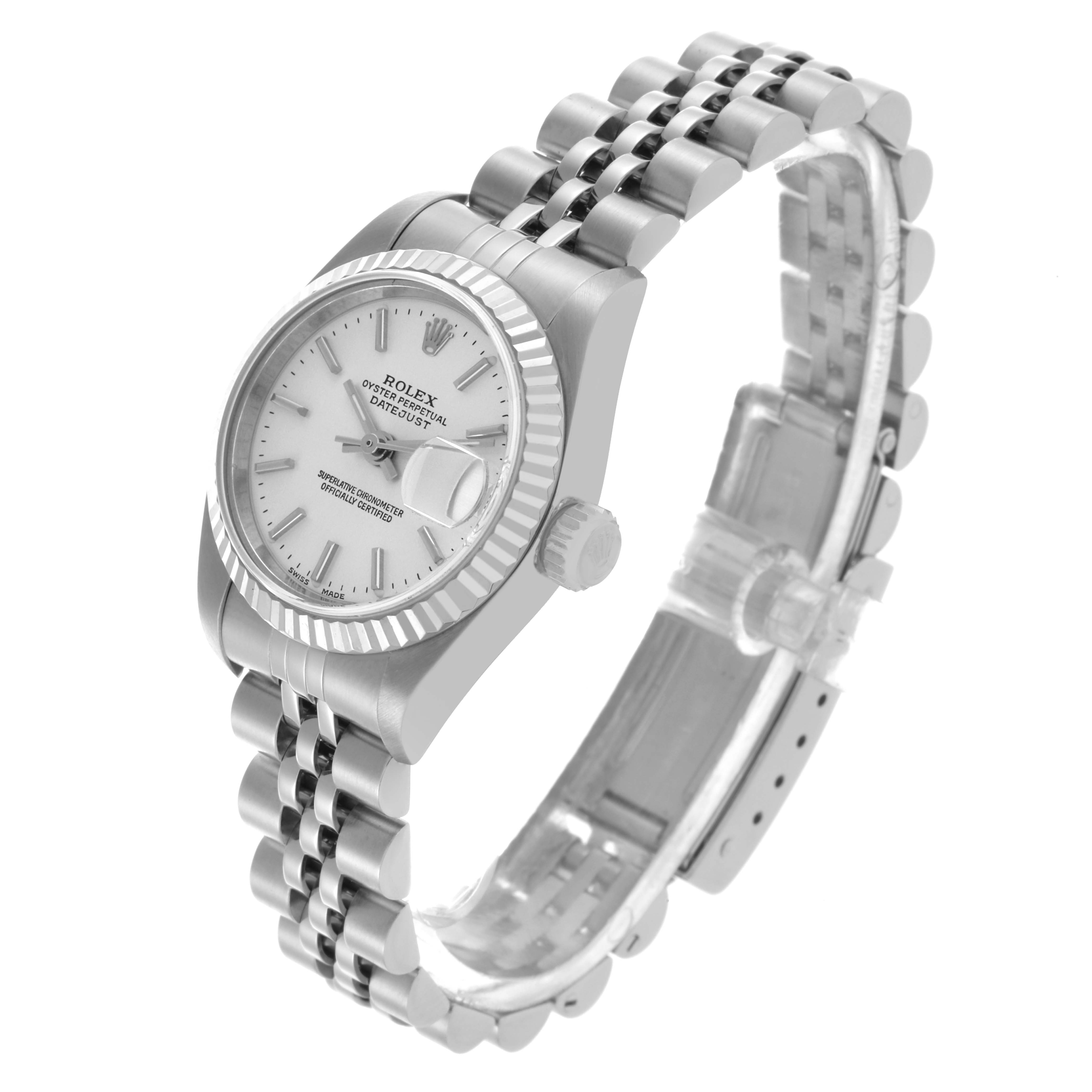 The Rolex Datejust 79174 Women's Stainless Steel White Dial 79174 Women's Stainless Steel White Dial watch is shown at a three-quarter angle, displaying the face, crown, and bracelet.