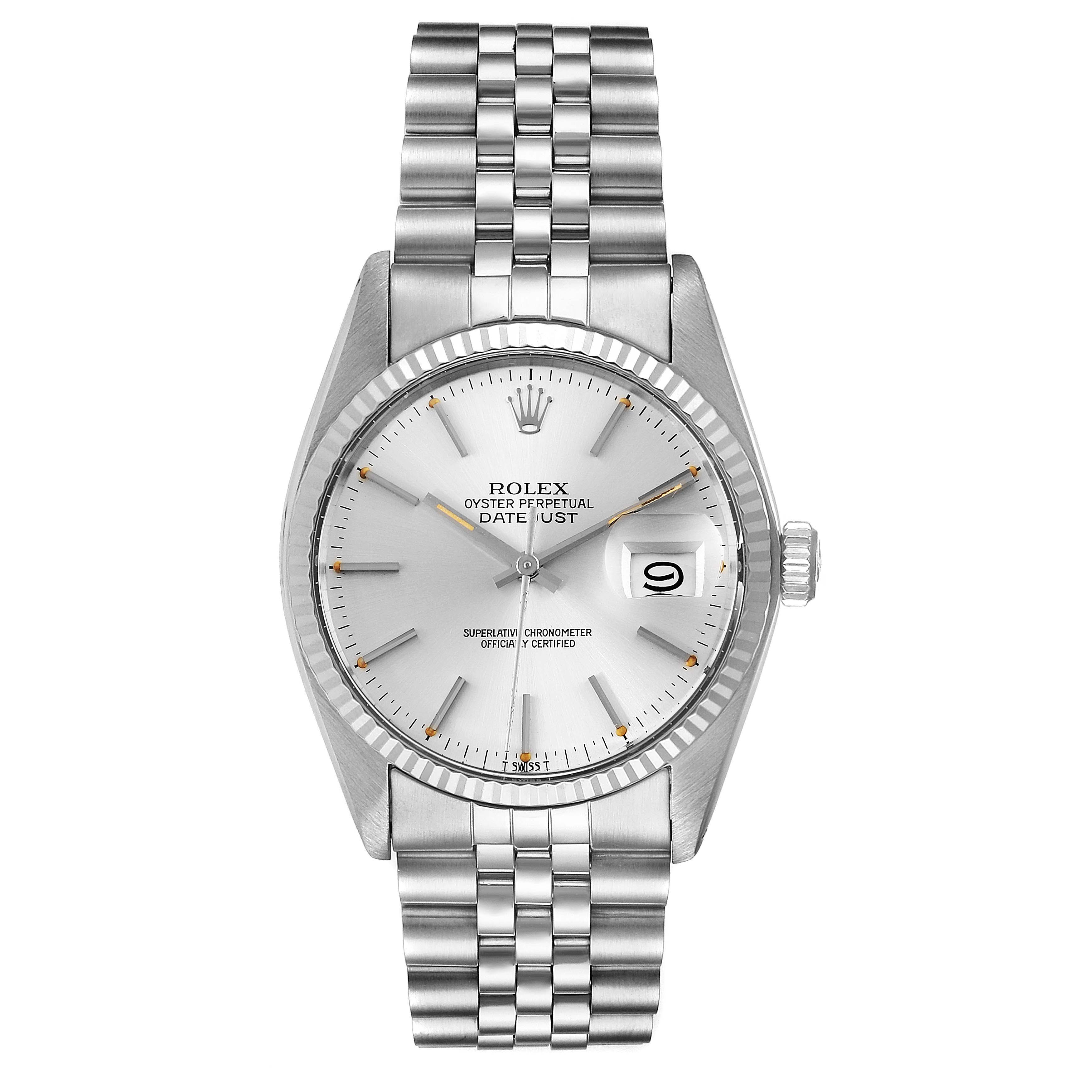 This image shows a front view of the Rolex Vintage Collection 16014 Men's Stainless Steel Silver Dial 16014 Men's Stainless Steel Silver Dial Oyster Perpetual Datejust watch, featuring its dial, case, and bracelet.