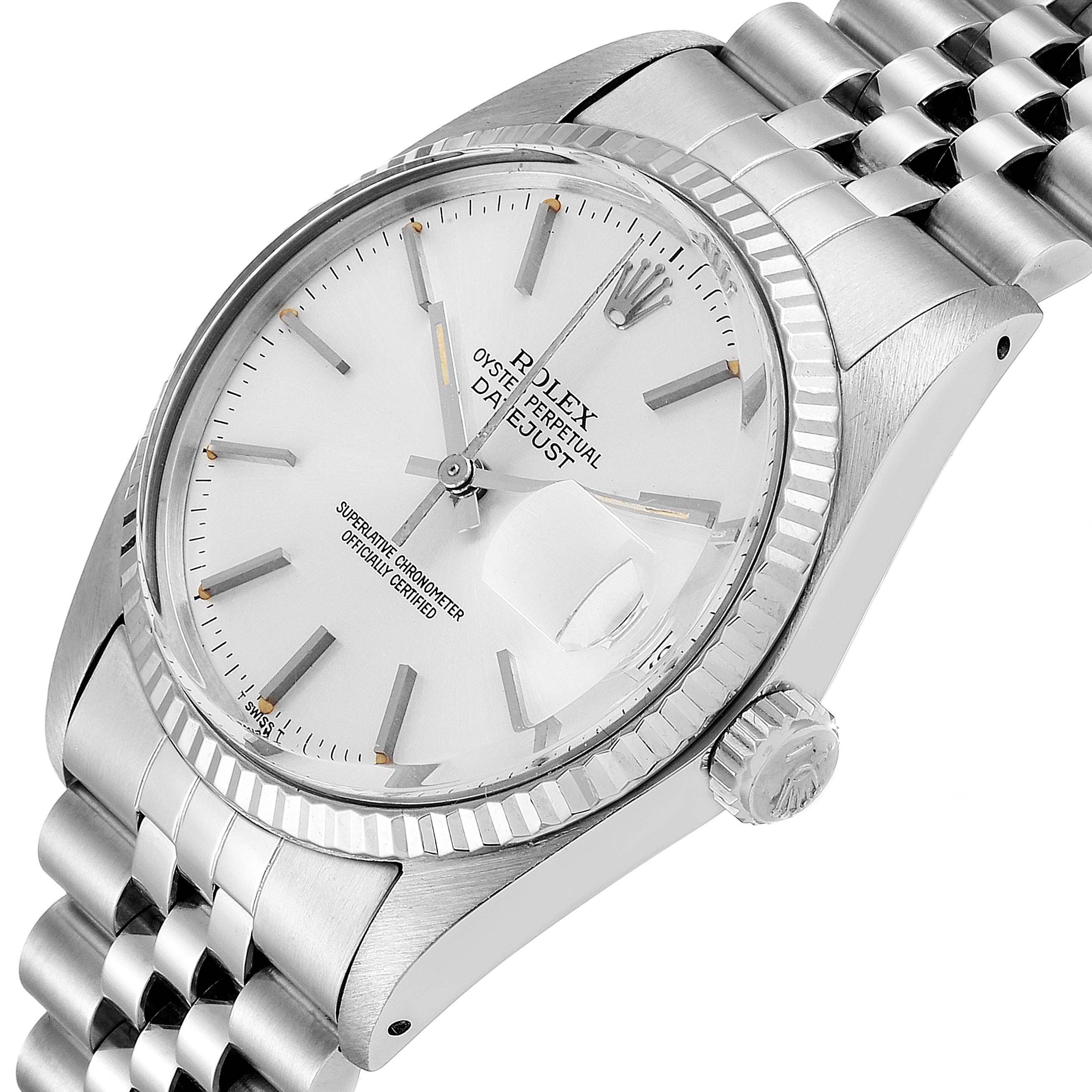 The Rolex Vintage Collection 16014 Men's Stainless Steel Silver Dial 16014 Men's Stainless Steel Silver Dial watch is shown at a slightly angled top view, displaying the face, bezel, lugs, and part of the bracelet.