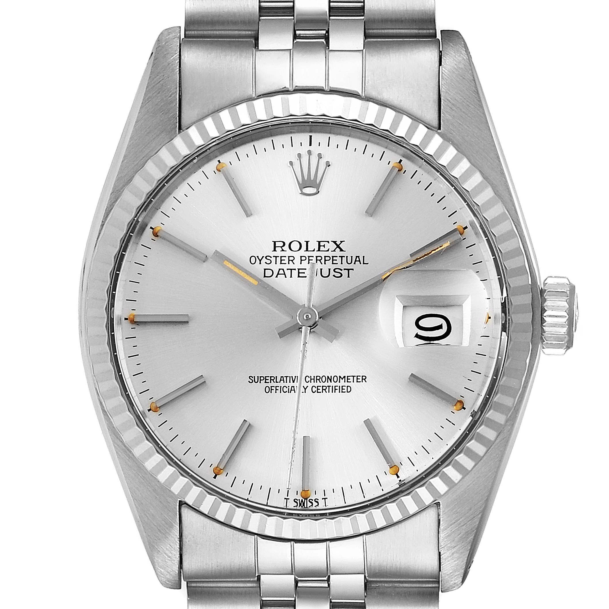 The image shows a front view of the Rolex Vintage Collection 16014 Men's Stainless Steel Silver Dial 16014 Men's Stainless Steel Silver Dial Datejust, highlighting its dial, bracelet, hands, and date window.