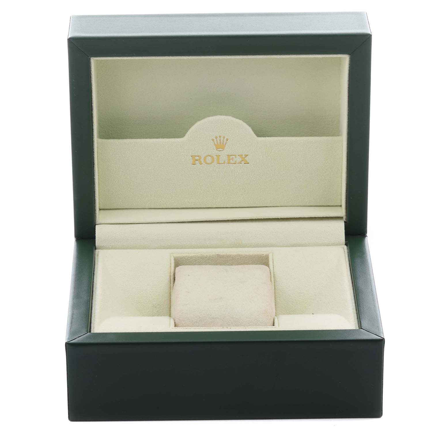 The image shows an open Rolex Datejust 179174 Women's Stainless Steel Silver Dial 179174 Women's Stainless Steel Silver Dial box, viewed from the front, with a cushioned slot for the watch.