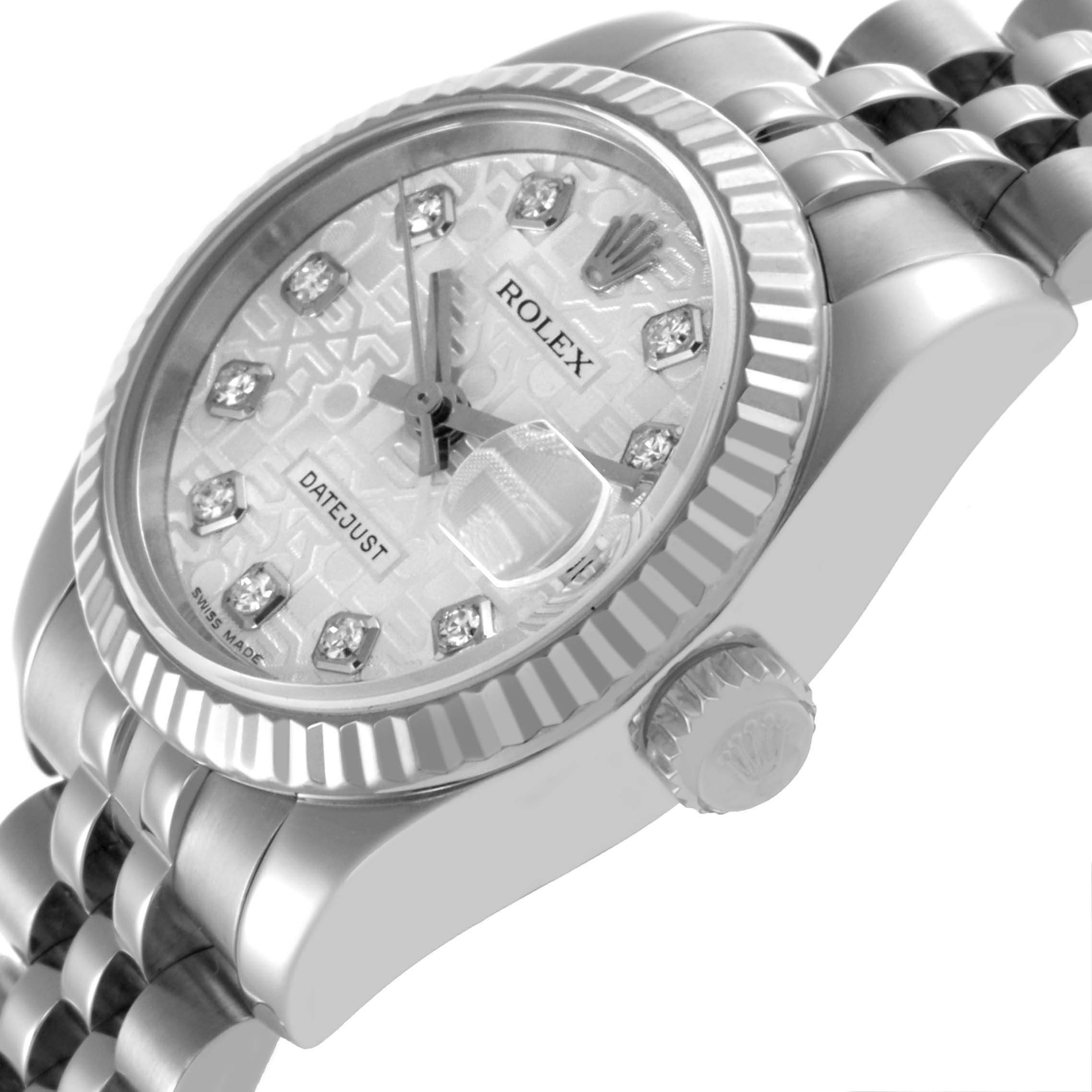 The Rolex Datejust 179174 Women's Stainless Steel Silver Dial 179174 Women's Stainless Steel Silver Dial watch is shown at a tilted angle, highlighting the face, bezel, crown, and part of the bracelet.