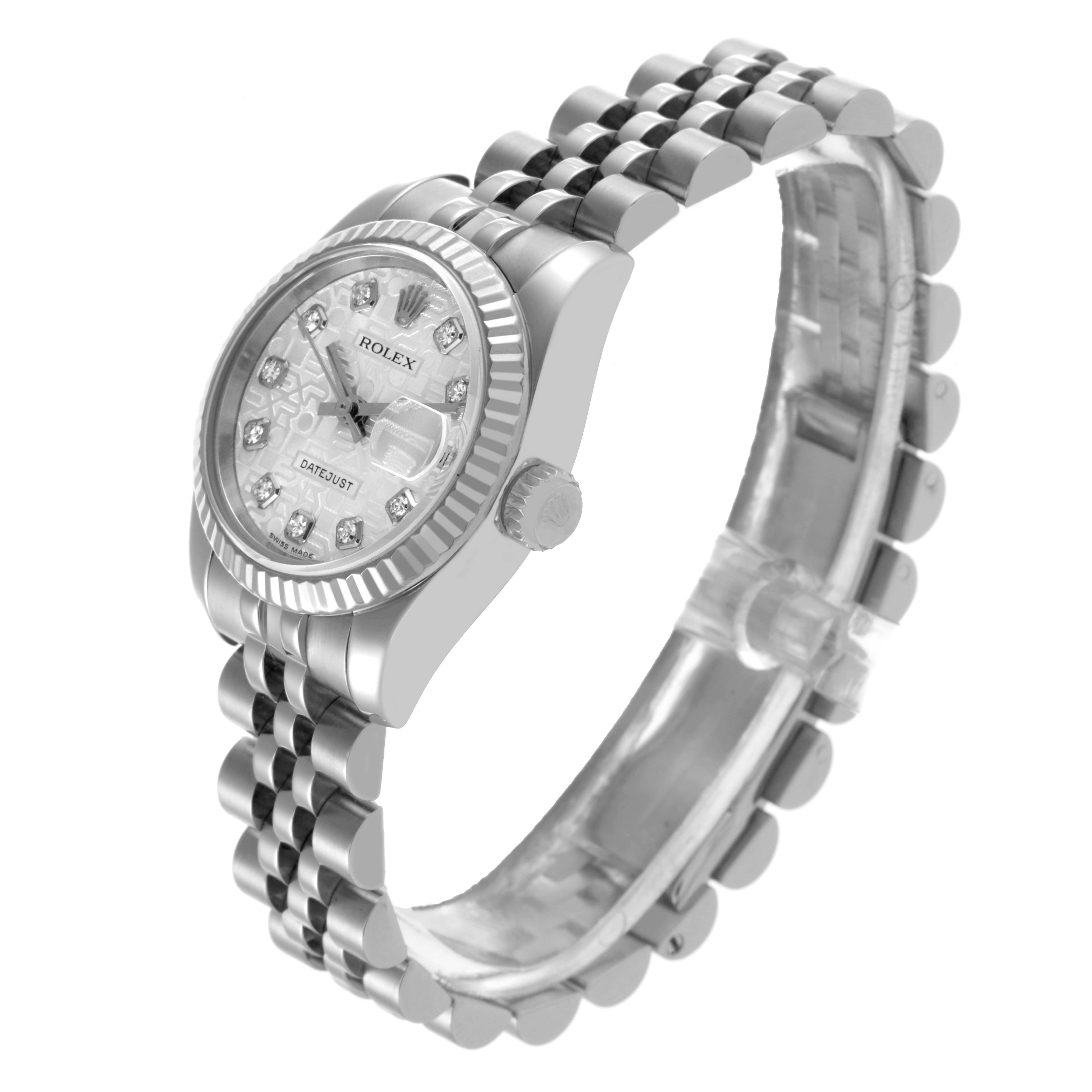 The Rolex Datejust 179174 Women's Stainless Steel Silver Dial 179174 Women's Stainless Steel Silver Dial watch is shown at an angled view, highlighting the dial, fluted bezel, crown, and Jubilee bracelet.