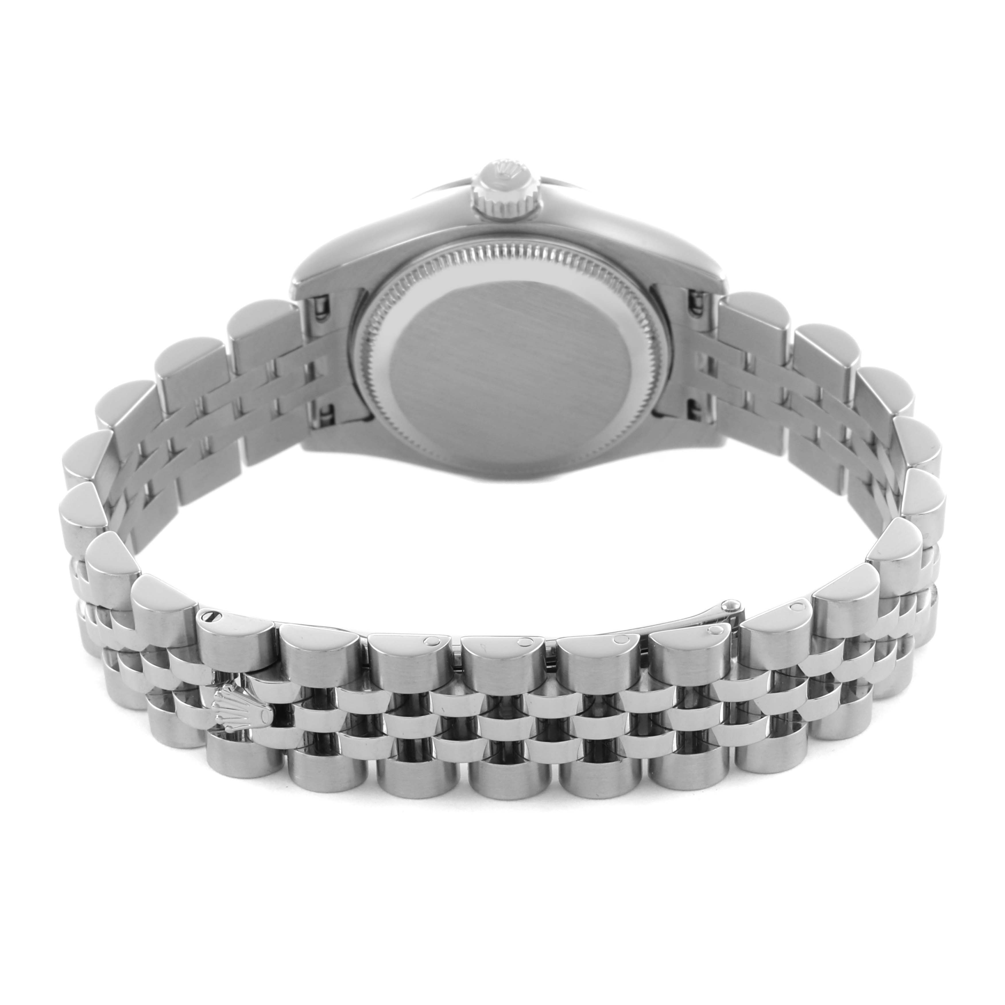 The image shows the back view of a Rolex Datejust 179174 Women's Stainless Steel Silver Dial 179174 Women's Stainless Steel Silver Dial watch, featuring the case back and bracelet.