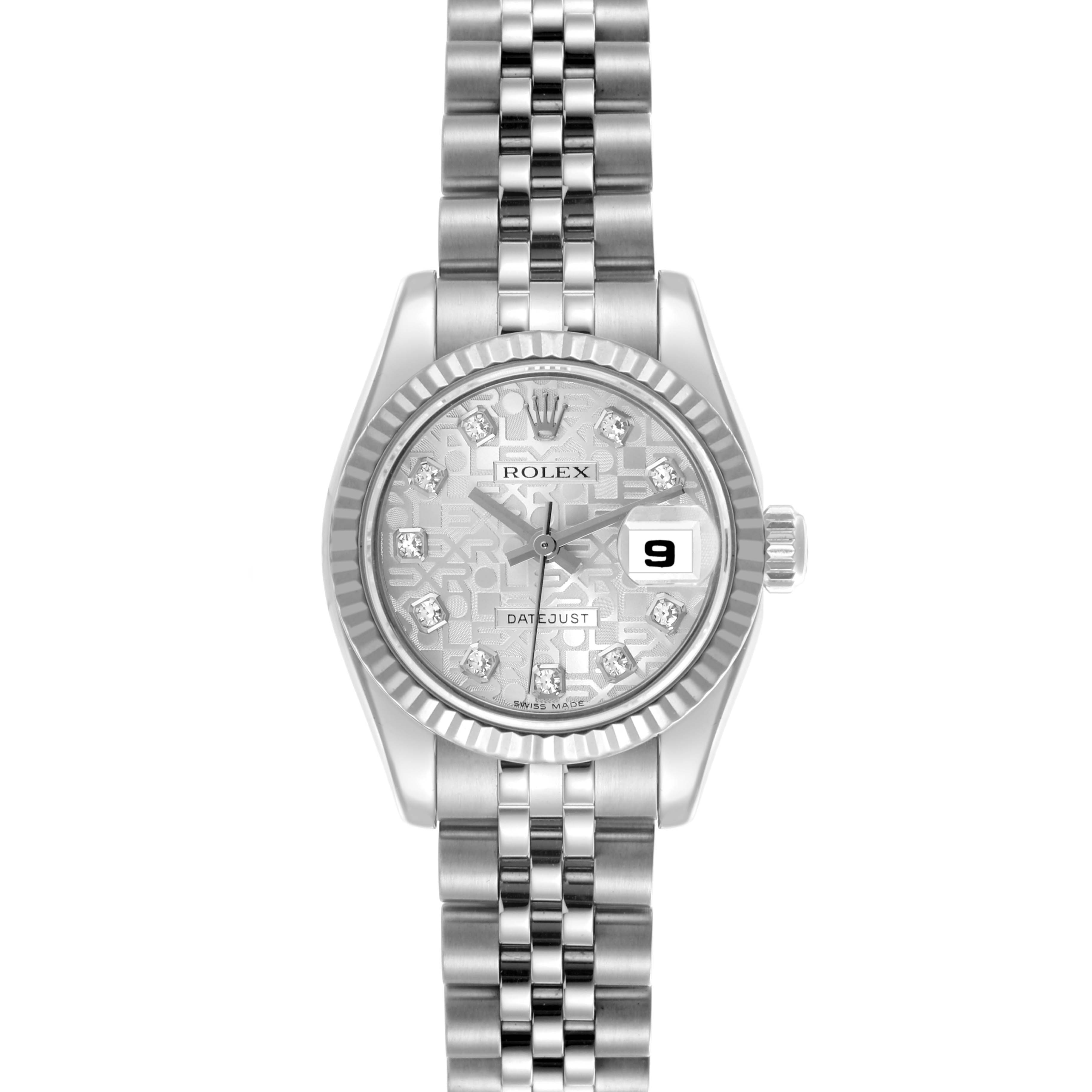 The Rolex Datejust 179174 Women's Stainless Steel Silver Dial 179174 Women's Stainless Steel Silver Dial watch is shown from a front view, displaying the dial, bezel, case, bracelet, and date window.