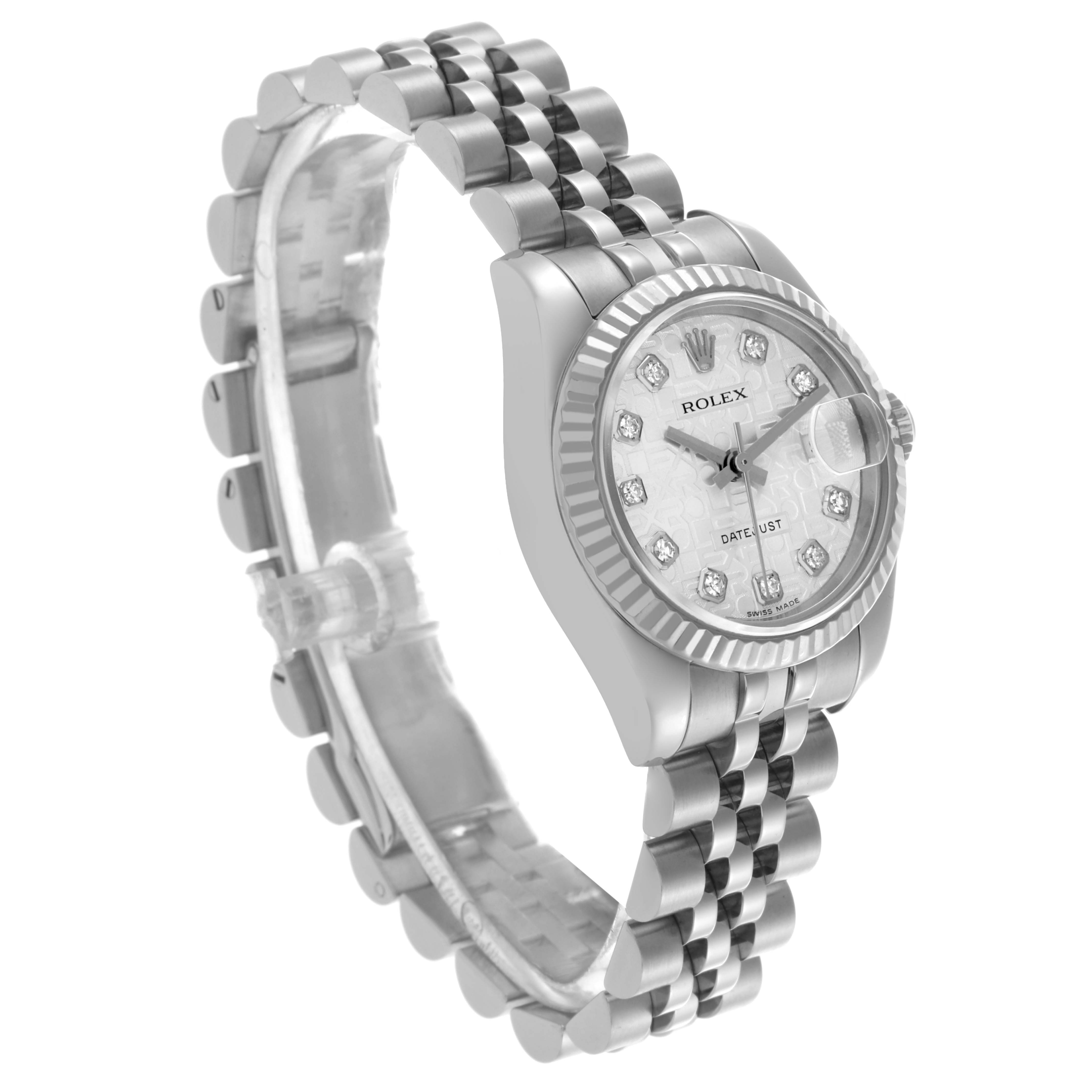 The Rolex Datejust 179174 Women's Stainless Steel Silver Dial 179174 Women's Stainless Steel Silver Dial watch is shown from a three-quarter angle, displaying the face, bezel, and bracelet.