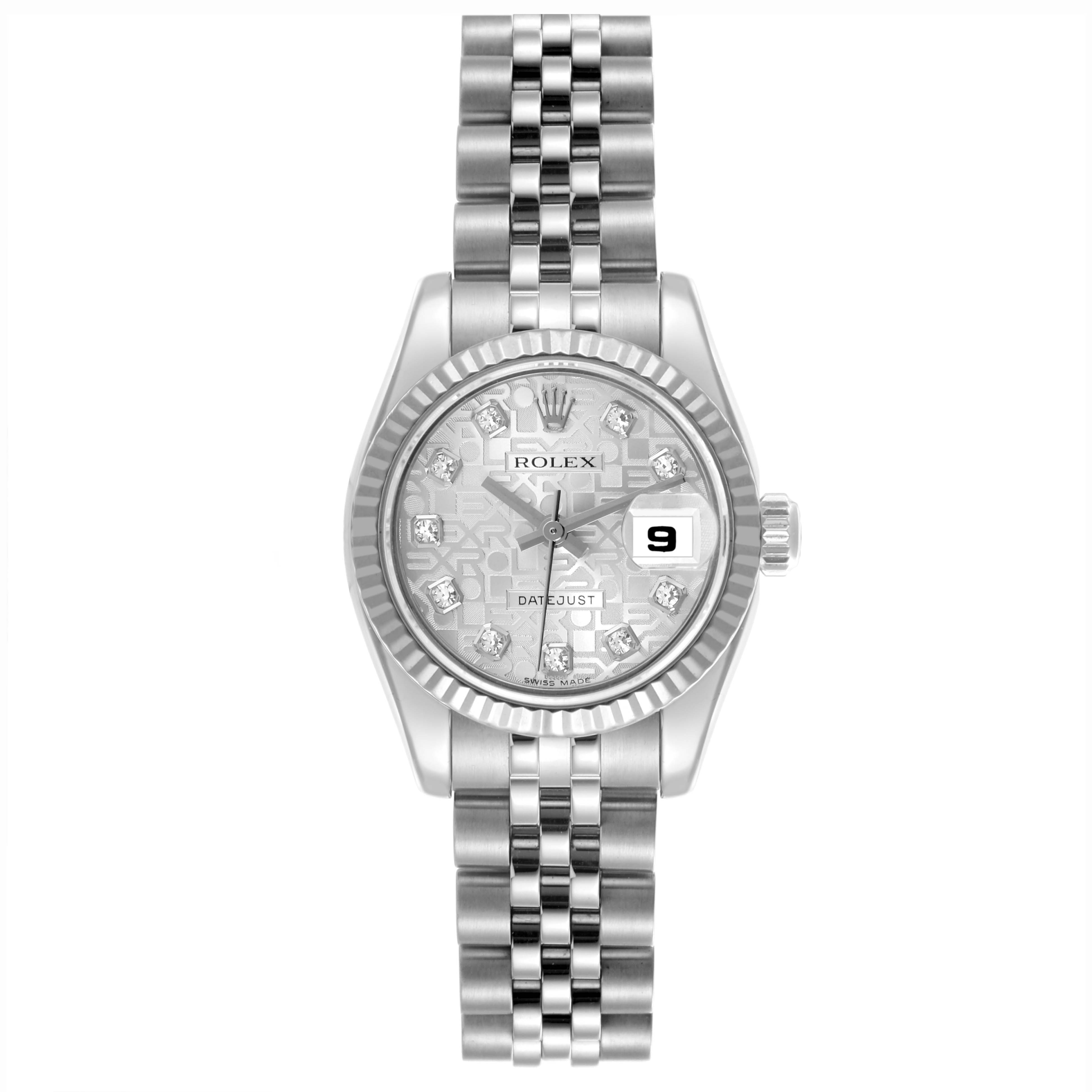 The Rolex Datejust 179174 Women's Stainless Steel Silver Dial 179174 Women's Stainless Steel Silver Dial watch is shown from a top-down angle, displaying its dial, bezel, and bracelet.