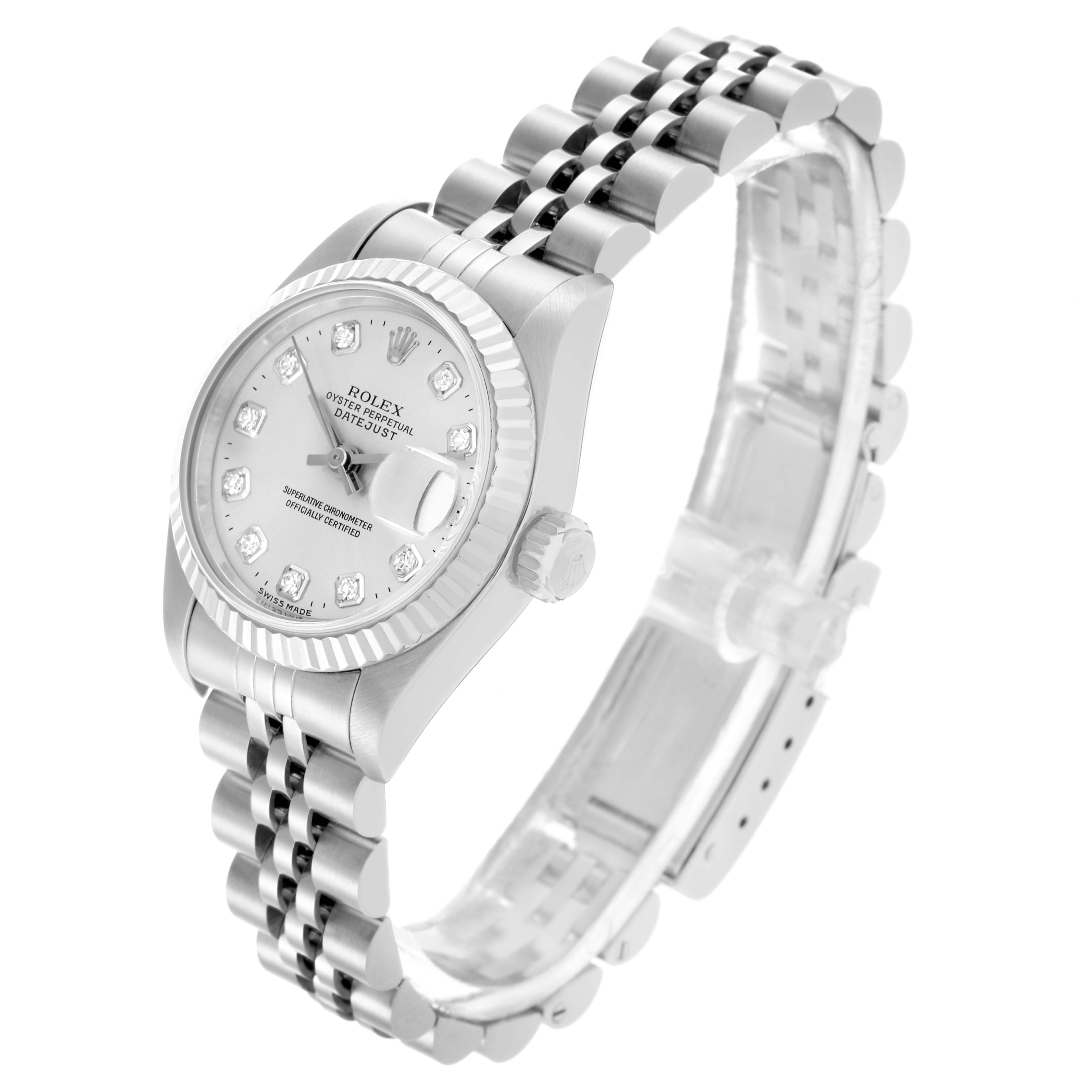 The Rolex Datejust 69174 Women's Stainless Steel Silver Dial 69174 Women's Stainless Steel Silver Dial watch is shown from a three-quarter angle, highlighting the dial, bezel, crown, and Jubilee bracelet.