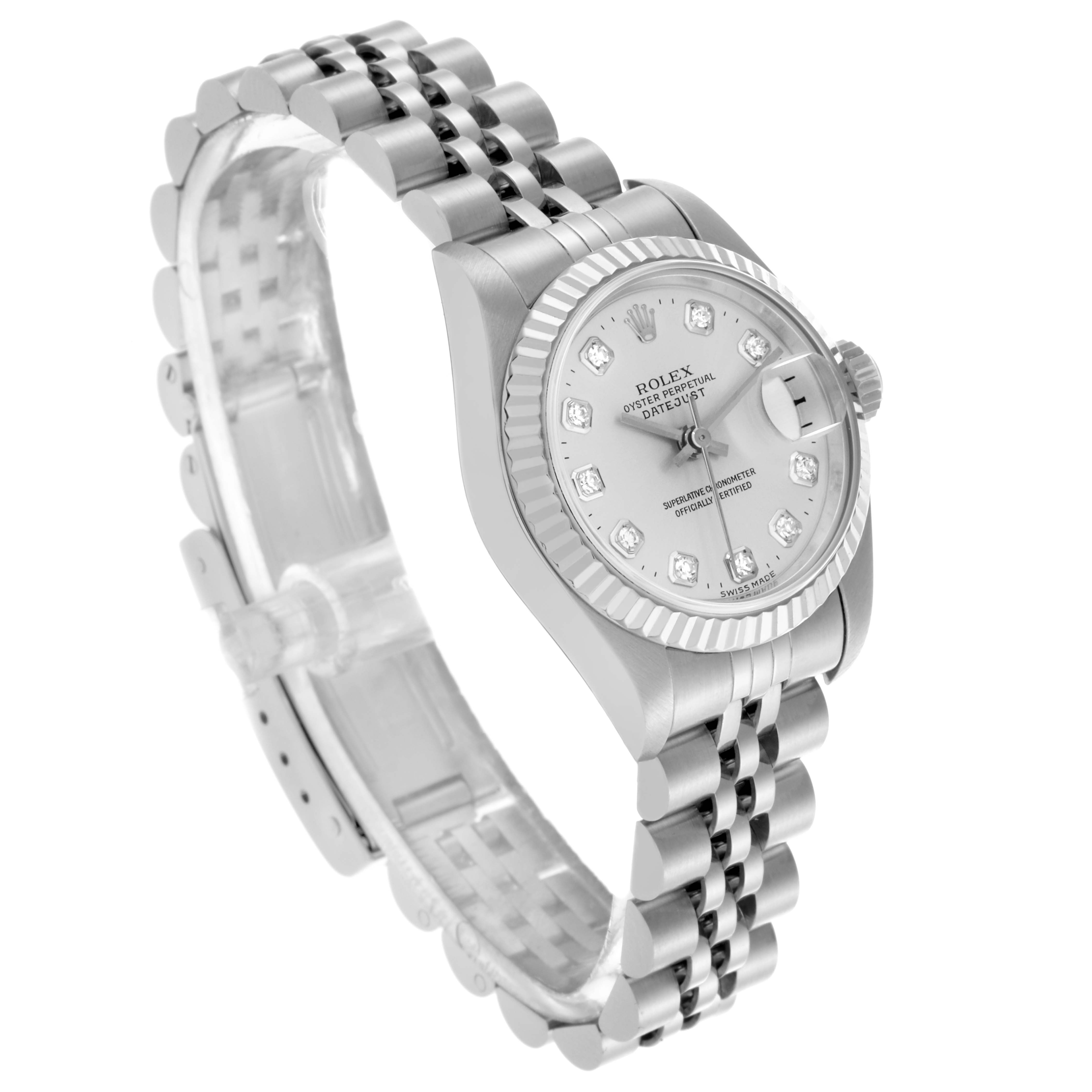 The Rolex Datejust 69174 Women's Stainless Steel Silver Dial 69174 Women's Stainless Steel Silver Dial watch is shown at a three-quarter angle, displaying the bracelet, bezel, dial, and crown.
