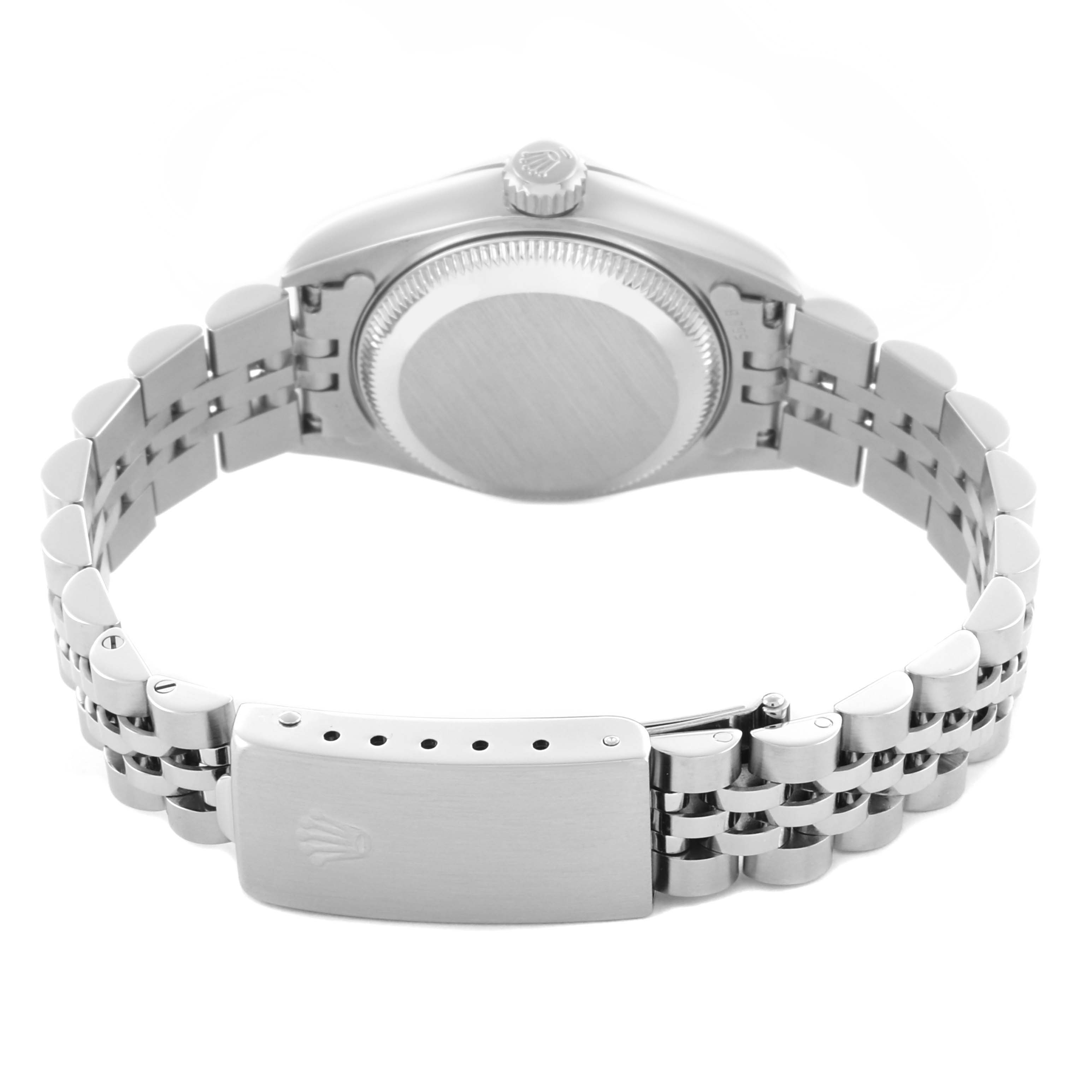 The image shows the back of a Rolex Datejust 69174 Women's Stainless Steel Silver Dial 69174 Women's Stainless Steel Silver Dial watch, highlighting the case back, crown, and Jubilee bracelet with a clasp.