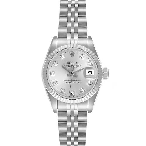 The Rolex Datejust watch is shown from the front, highlighting the dial, bezel, bracelet, and date window.
