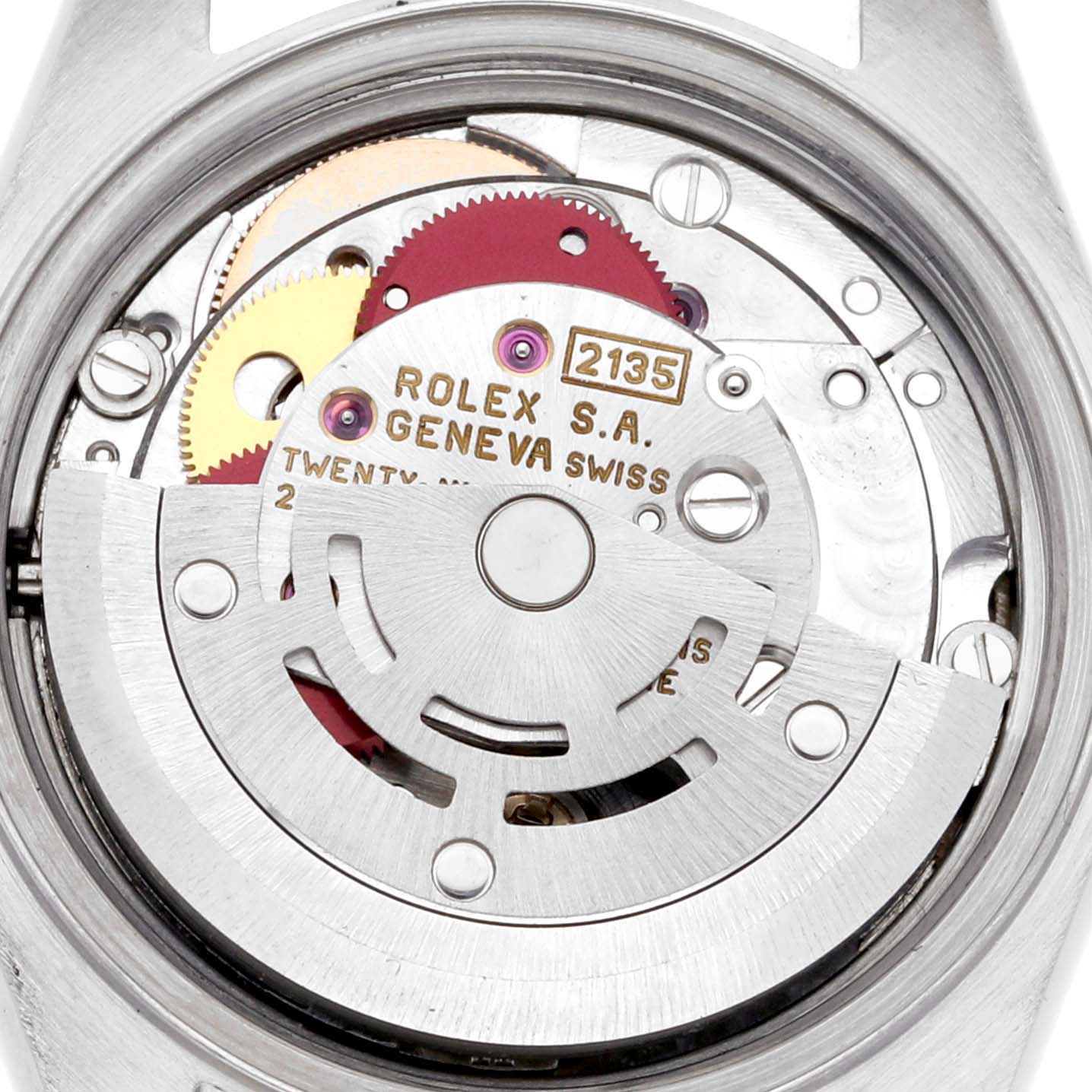 The image shows the movement mechanism of a Rolex Datejust 69174 Women's Stainless Steel Silver Dial 69174 Women's Stainless Steel Silver Dial watch with visible gears and the rotor.