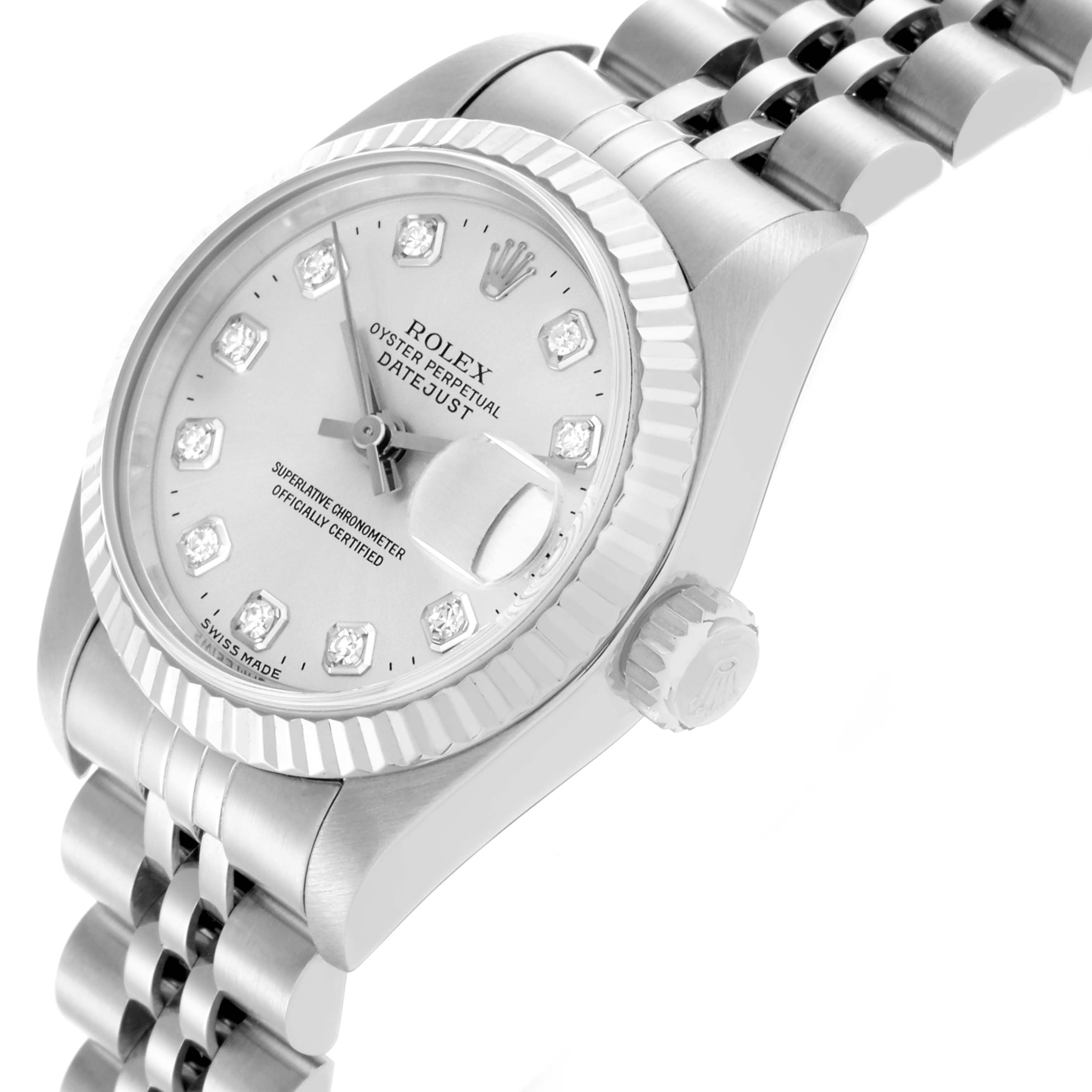 The Rolex Datejust 69174 Women's Stainless Steel Silver Dial 69174 Women's Stainless Steel Silver Dial watch is shown at an angled view highlighting the face, bezel, crown, and part of the bracelet.