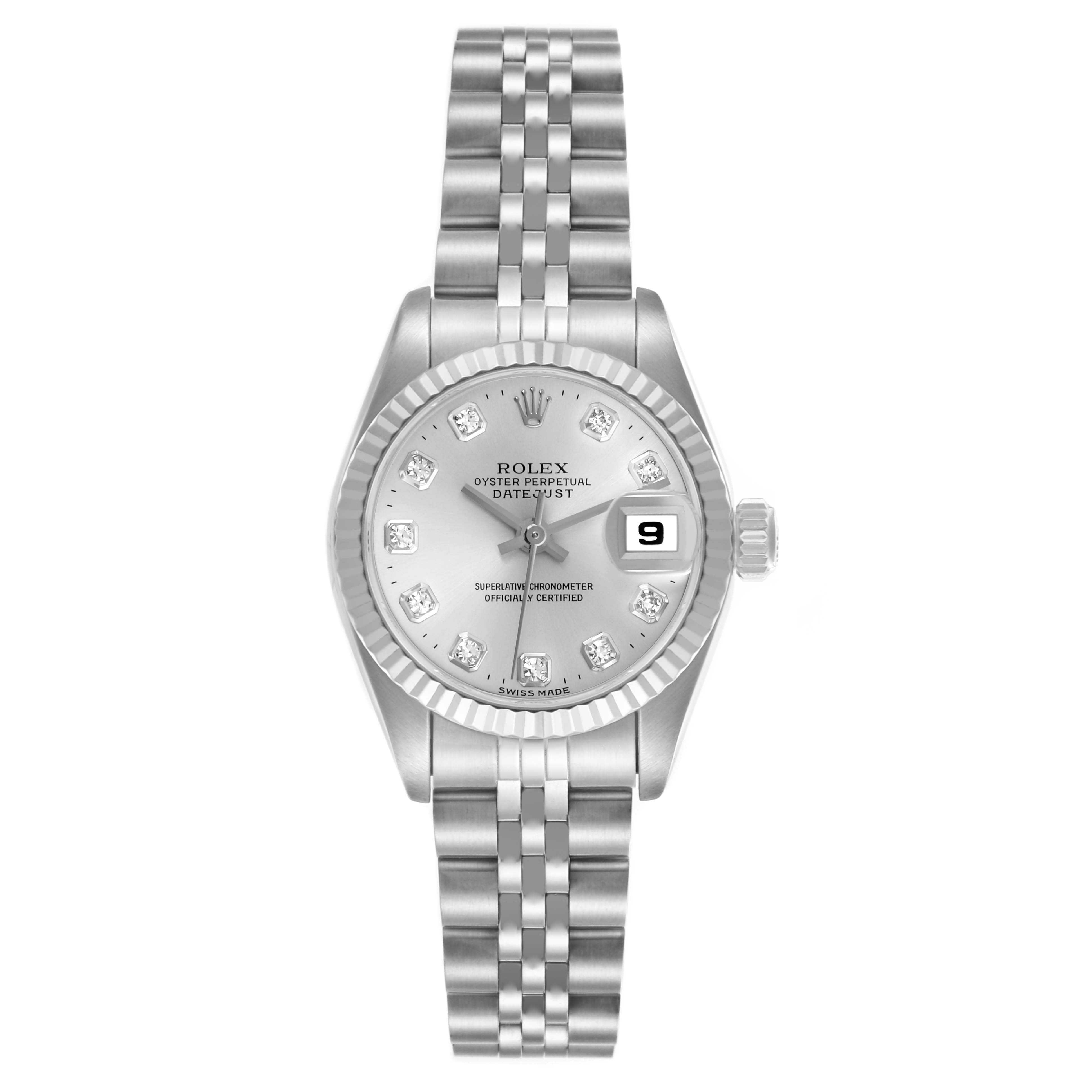 The Rolex Datejust 69174 Women's Stainless Steel Silver Dial 69174 Women's Stainless Steel Silver Dial watch is shown from a top-down view, displaying the face, bezel, crown, and bracelet.