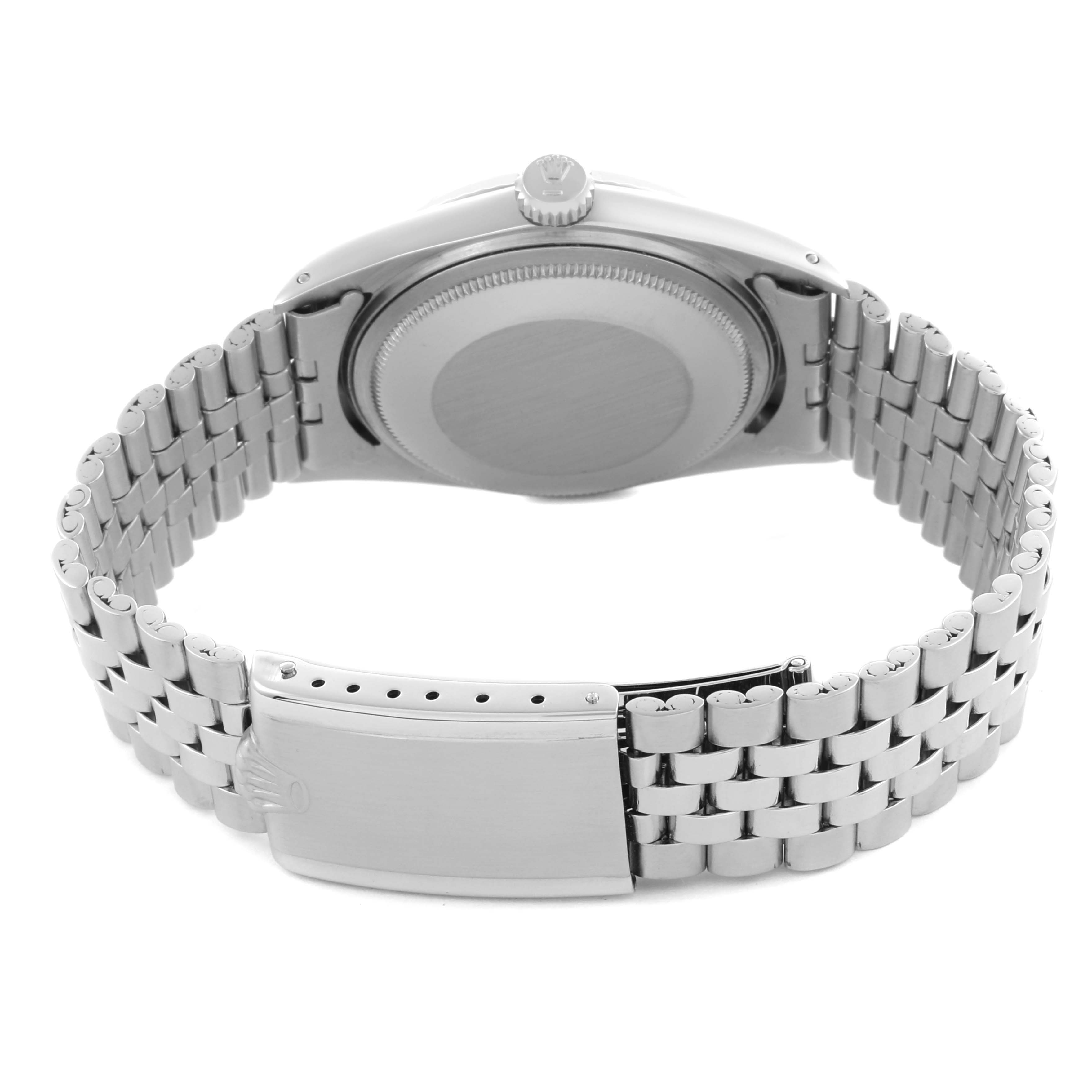 The image shows the back view of a Rolex Datejust 1601 Men
s Stainless Steel White Dial 1601 Men
s Stainless Steel White Dial, highlighting the case back and Jubilee bracelet with the clasp visible.