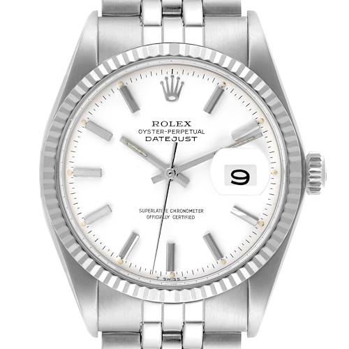 The image shows a front view of the Rolex Datejust watch, highlighting its dial, bezel, crown, and part of the bracelet.