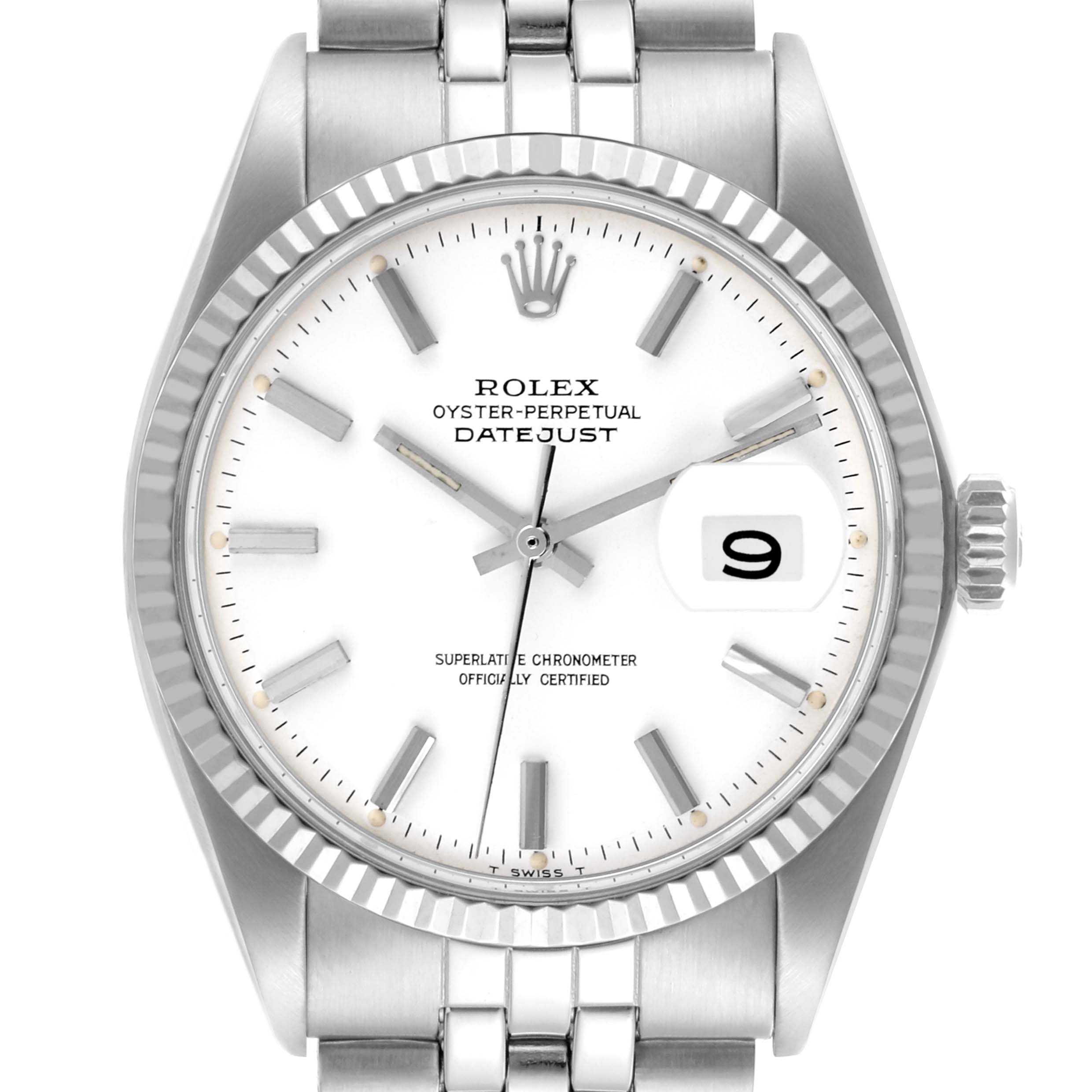 The Rolex Datejust 1601 Men
s Stainless Steel White Dial 1601 Men
s Stainless Steel White Dial watch is shown from the front, displaying its bezel, dial, crown, and bracelet.