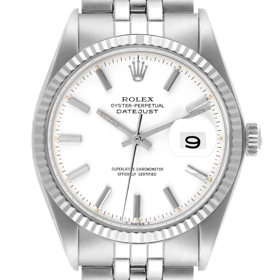 The Rolex Datejust watch is shown from the front, displaying its bezel, dial, crown, and bracelet.