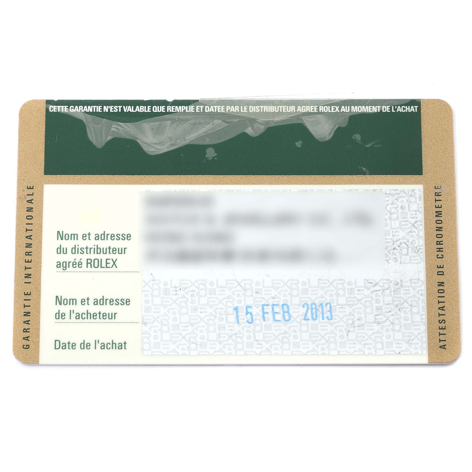 The image shows an international warranty card for a Rolex Datejust 116233 Men's Steel and Gold (two tone) Black Dial 116233 Men's Steel and Gold (two tone) Black Dial watch, featuring purchase details and authentication.