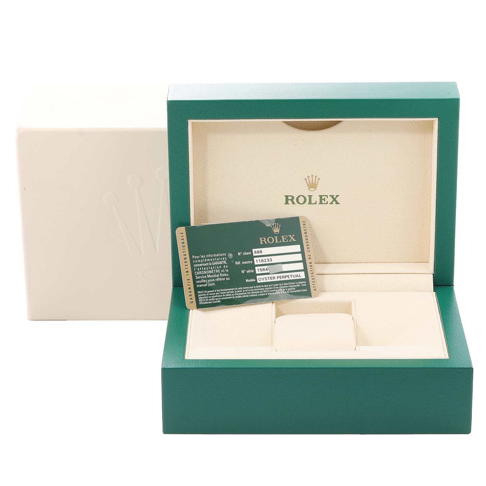 The image shows the open box and warranty card for a Rolex Datejust 116233 Men's Steel and Gold (two tone) Black Dial 116233 Men's Steel and Gold (two tone) Black Dial watch.