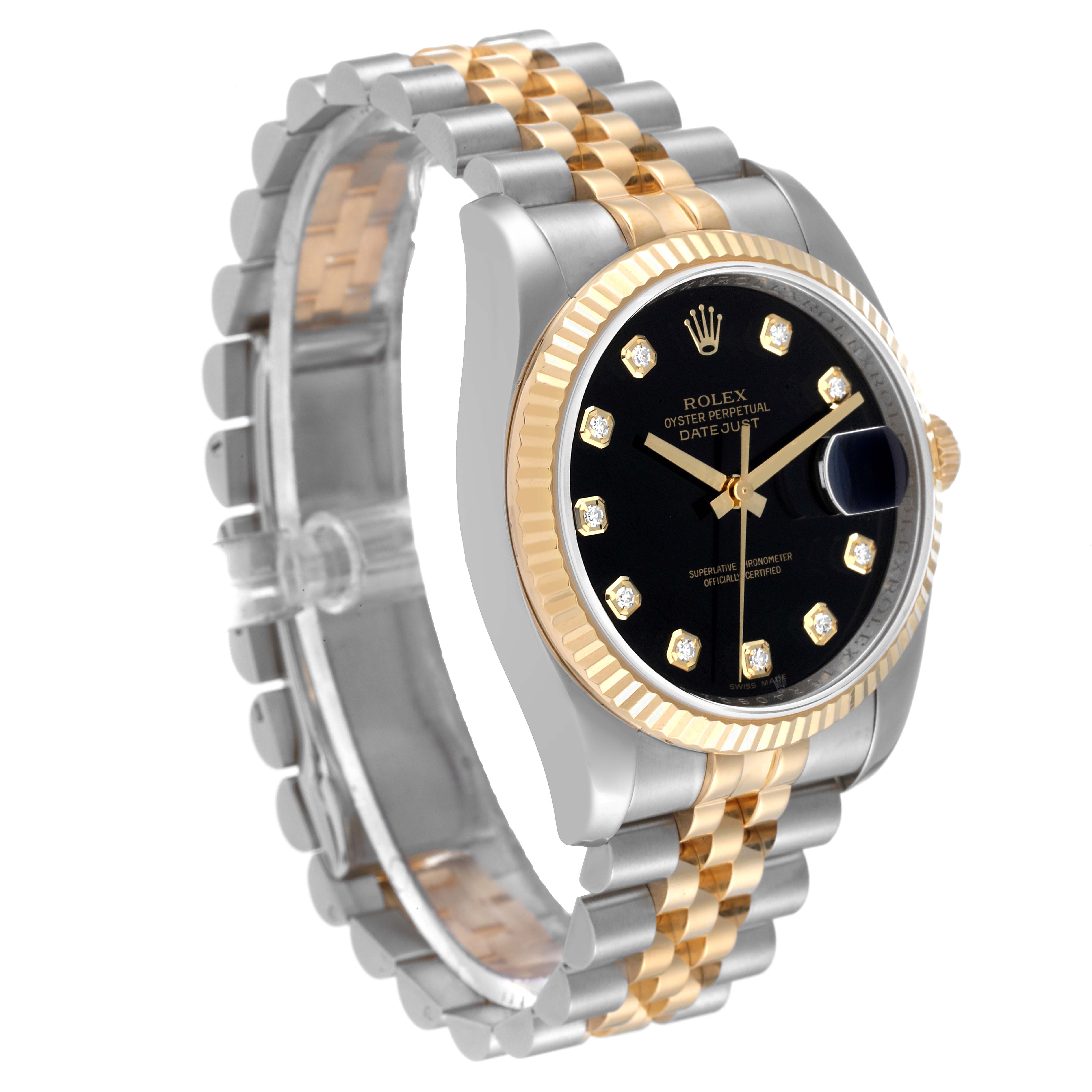 The image shows a Rolex Datejust 116233 Men's Steel and Gold (two tone) Black Dial 116233 Men's Steel and Gold (two tone) Black Dial watch at a three-quarter angle, highlighting its two-tone bracelet and black face with diamond hour markers.