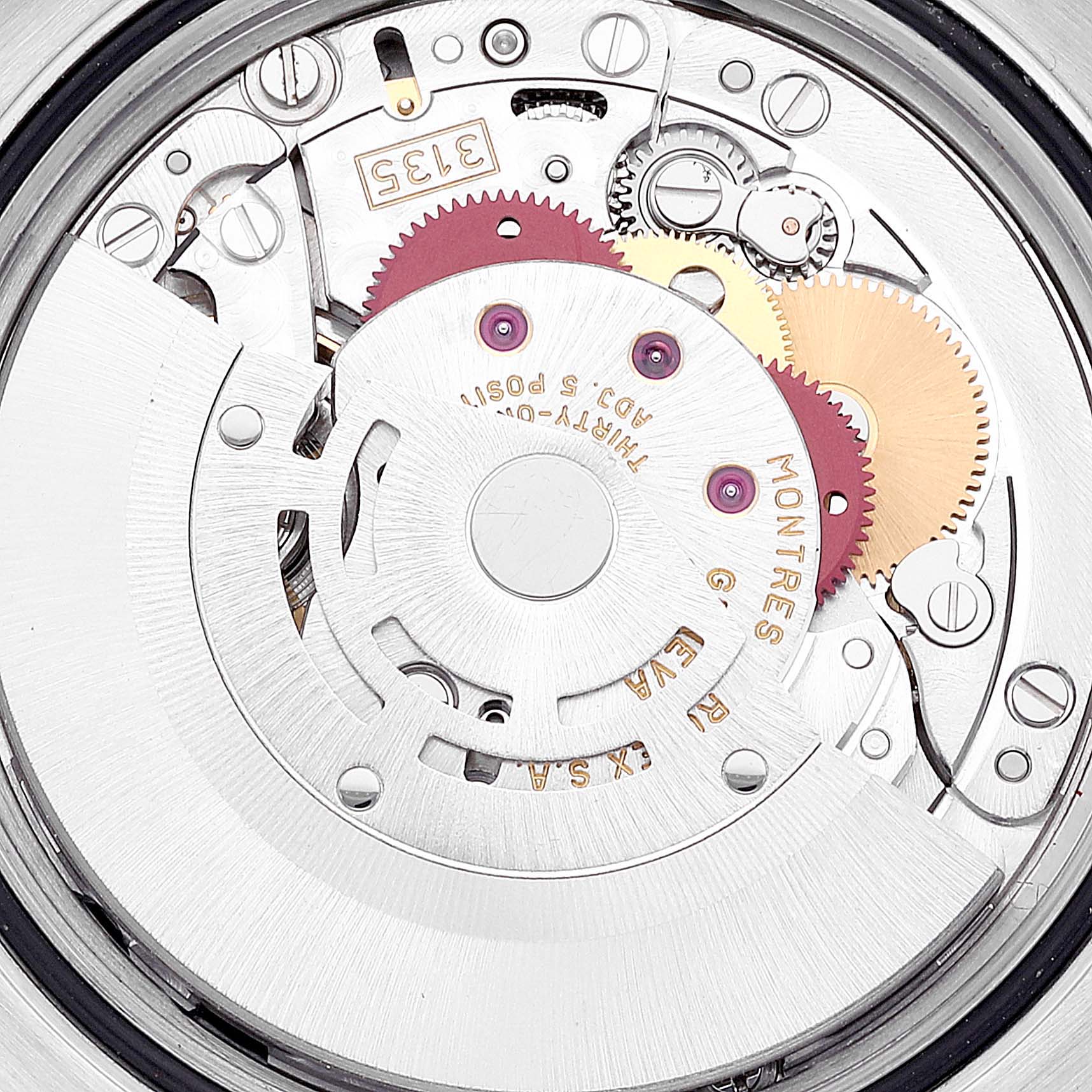 This image shows the intricate internal mechanism and gears of the Rolex Datejust 116233 Men's Steel and Gold (two tone) Black Dial 116233 Men's Steel and Gold (two tone) Black Dial watch, viewed from the case back angle.