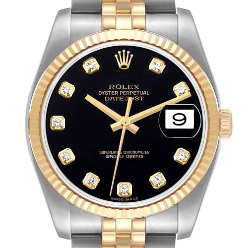 Photo of Rolex Datejust Steel Yellow Gold Black Diamond Dial Mens Watch 116233 Box Card