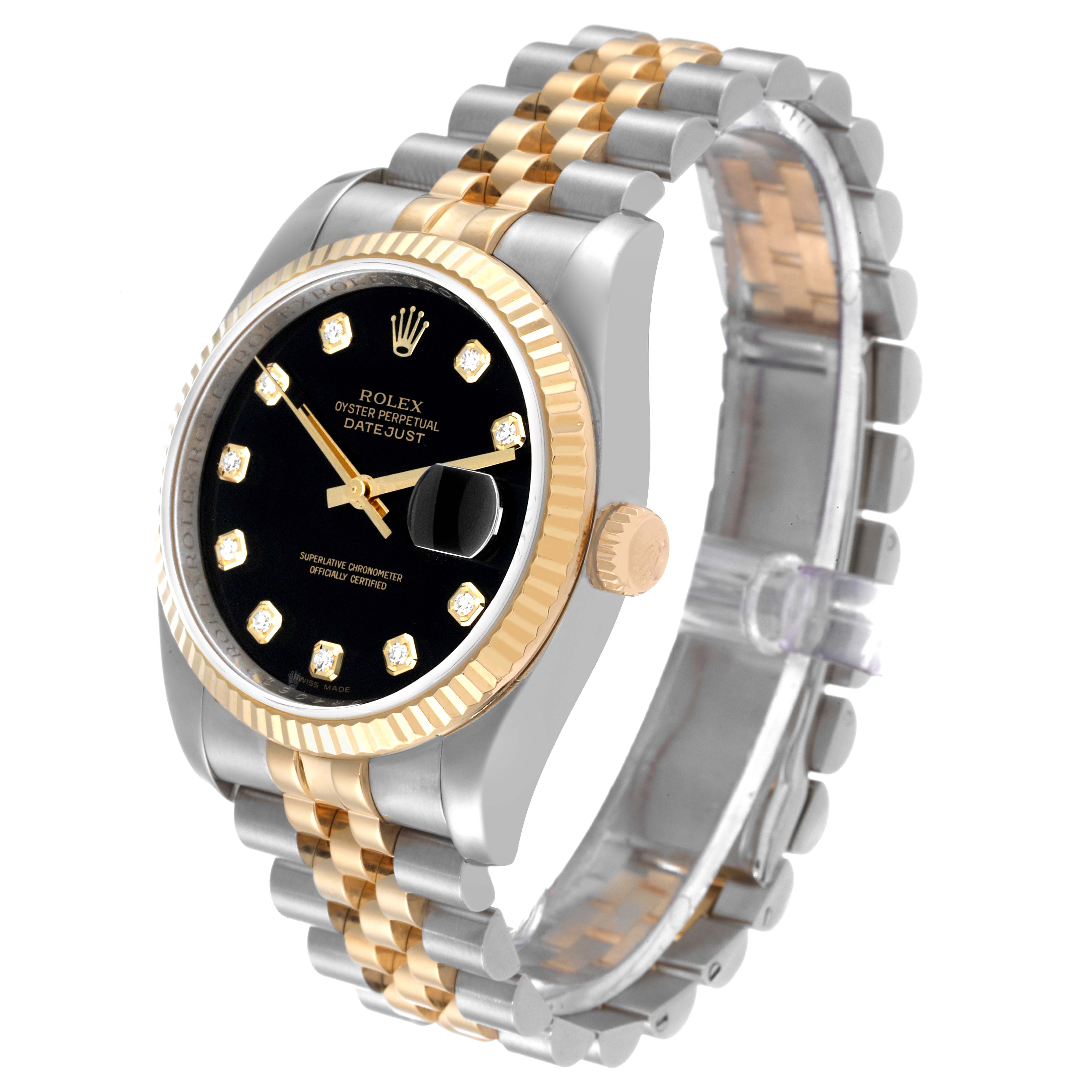 This Rolex Datejust 116233 Men's Steel and Gold (two tone) Black Dial 116233 Men's Steel and Gold (two tone) Black Dial watch is shown at a slight angle, highlighting the black dial, gold fluted bezel, and two-tone Jubilee bracelet.