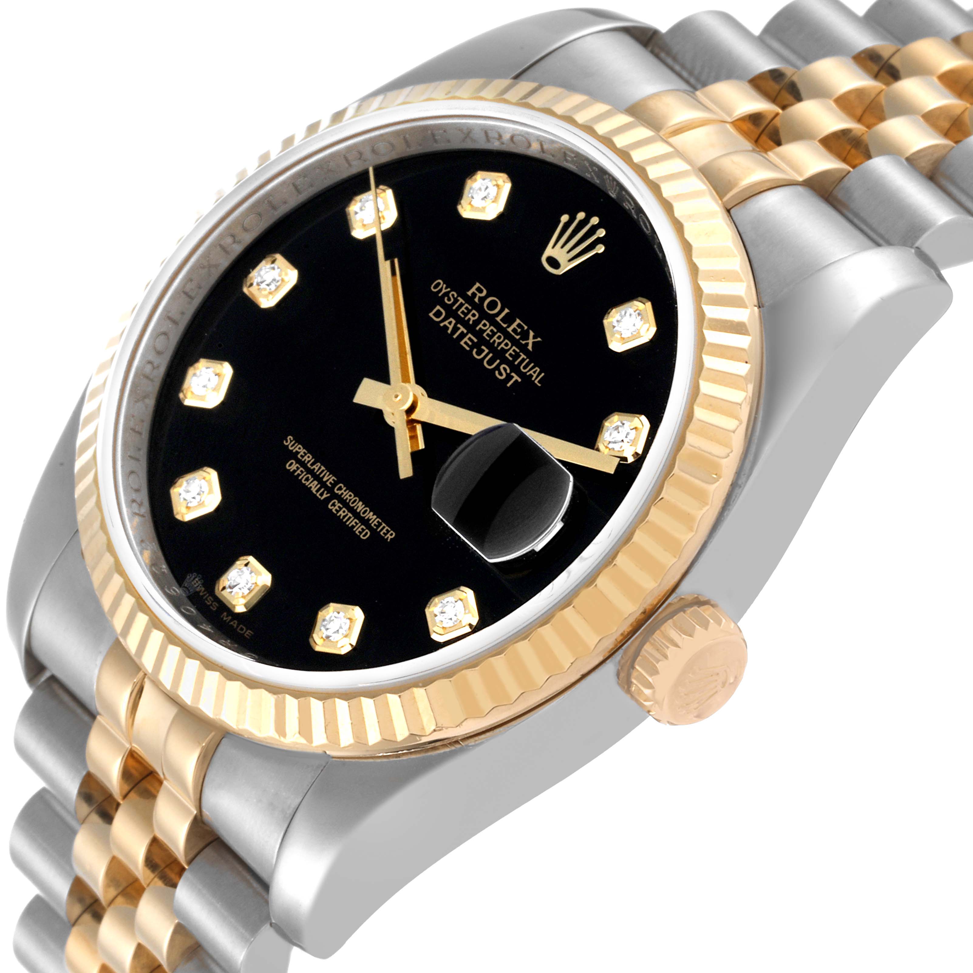 This image shows a close-up of the Rolex Datejust 116233 Men's Steel and Gold (two tone) Black Dial 116233 Men's Steel and Gold (two tone) Black Dial watch, highlighting the face, case, and part of the bracelet.