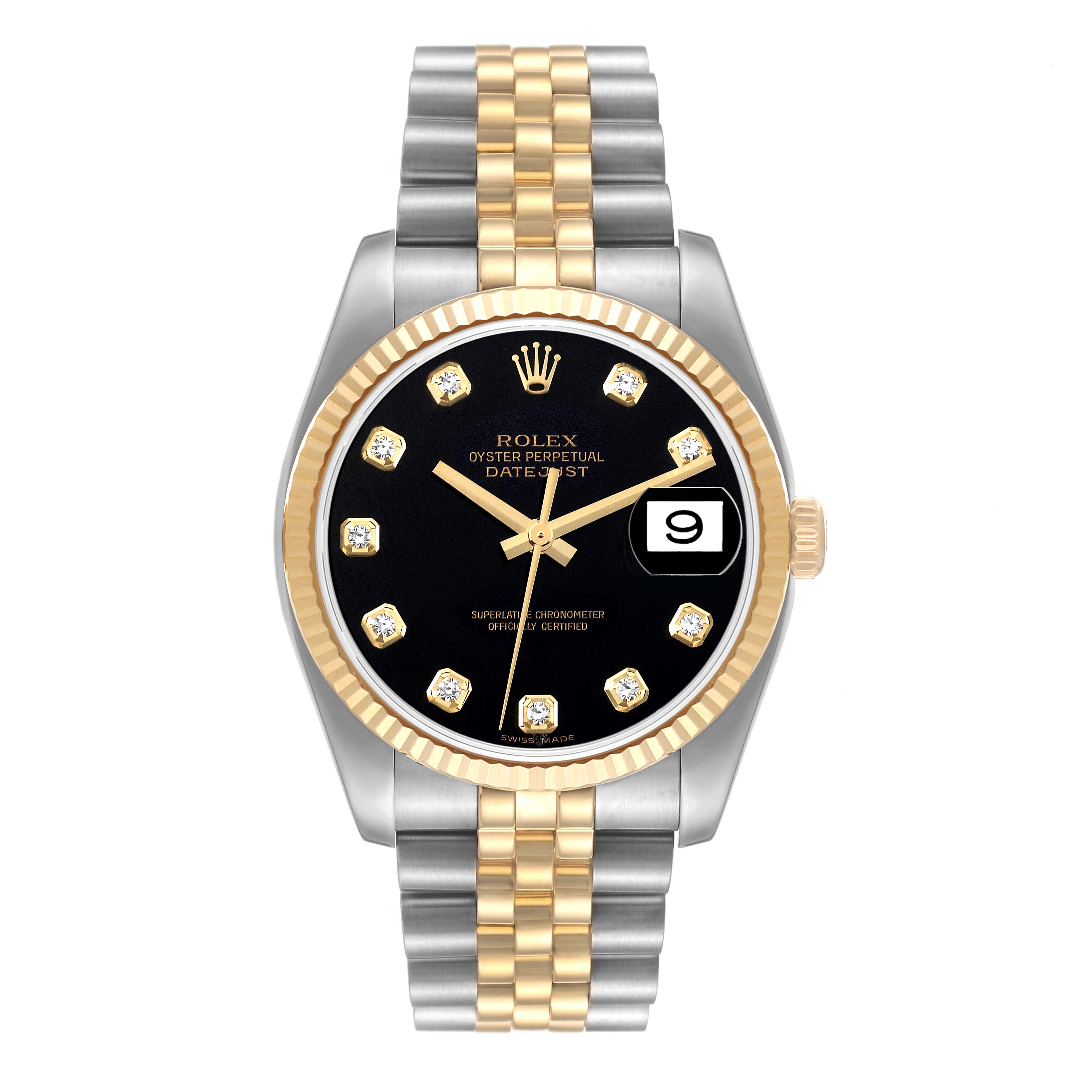 The Rolex Datejust 116233 Men's Steel and Gold (two tone) Black Dial 116233 Men's Steel and Gold (two tone) Black Dial watch is shown from the front, displaying its black dial, date window, two-tone bracelet, and fluted bezel.