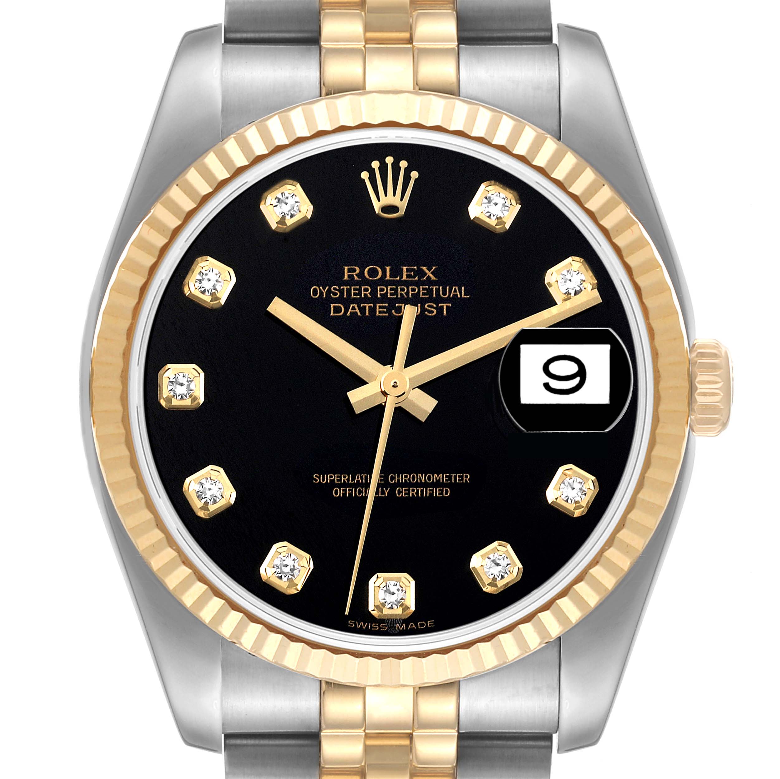 The image shows a close-up of the Rolex Datejust 116233 Men's Steel and Gold (two tone) Black Dial 116233 Men's Steel and Gold (two tone) Black Dial watch face, bezel, and part of the bracelet.