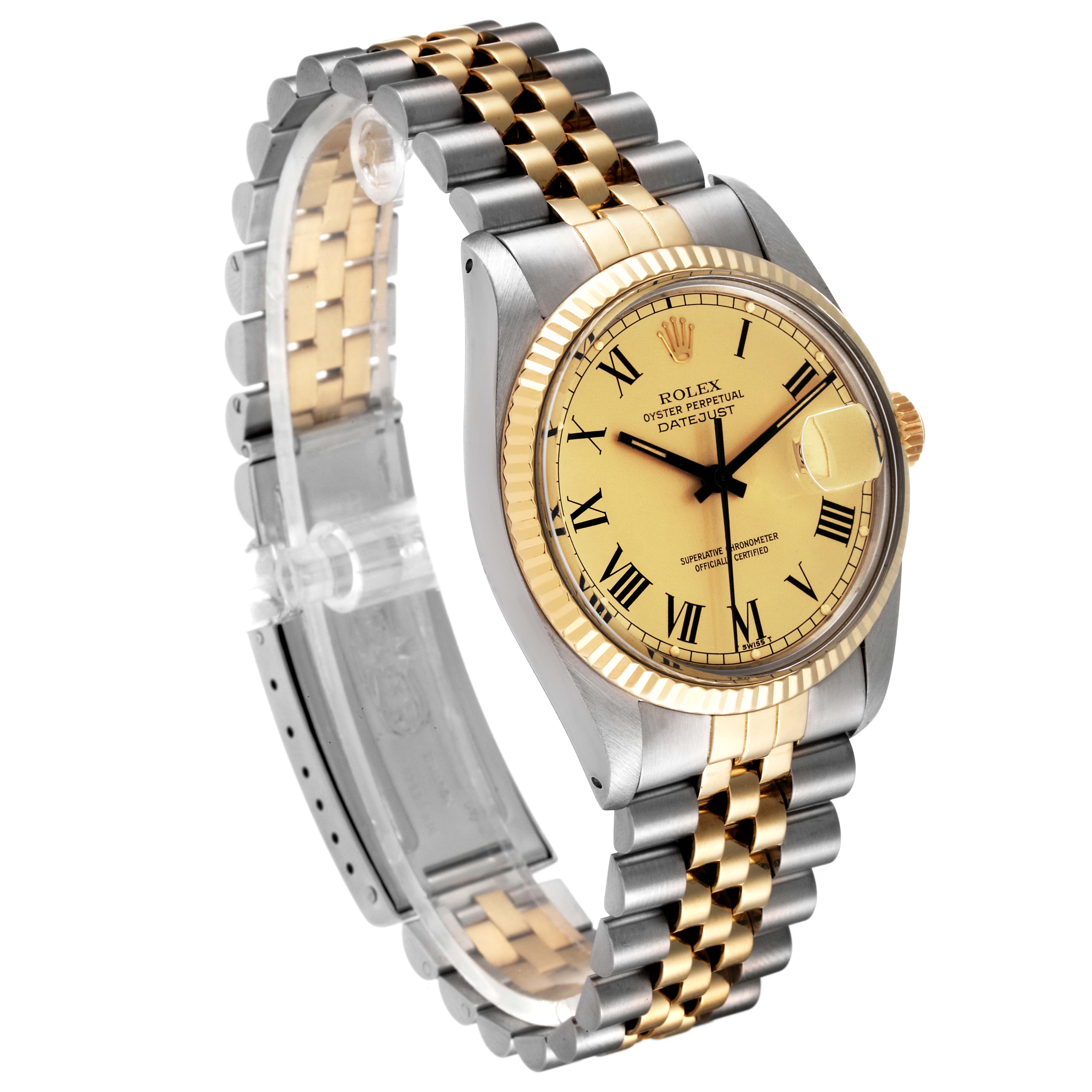 The Rolex Vintage Collection 16013 Men's Steel and Gold (two tone) Champagne Dial 16013 Men's Steel and Gold (two tone) Champagne Dial watch is shown at a three-quarter angle, highlighting the face, bezel, and two-tone bracelet.