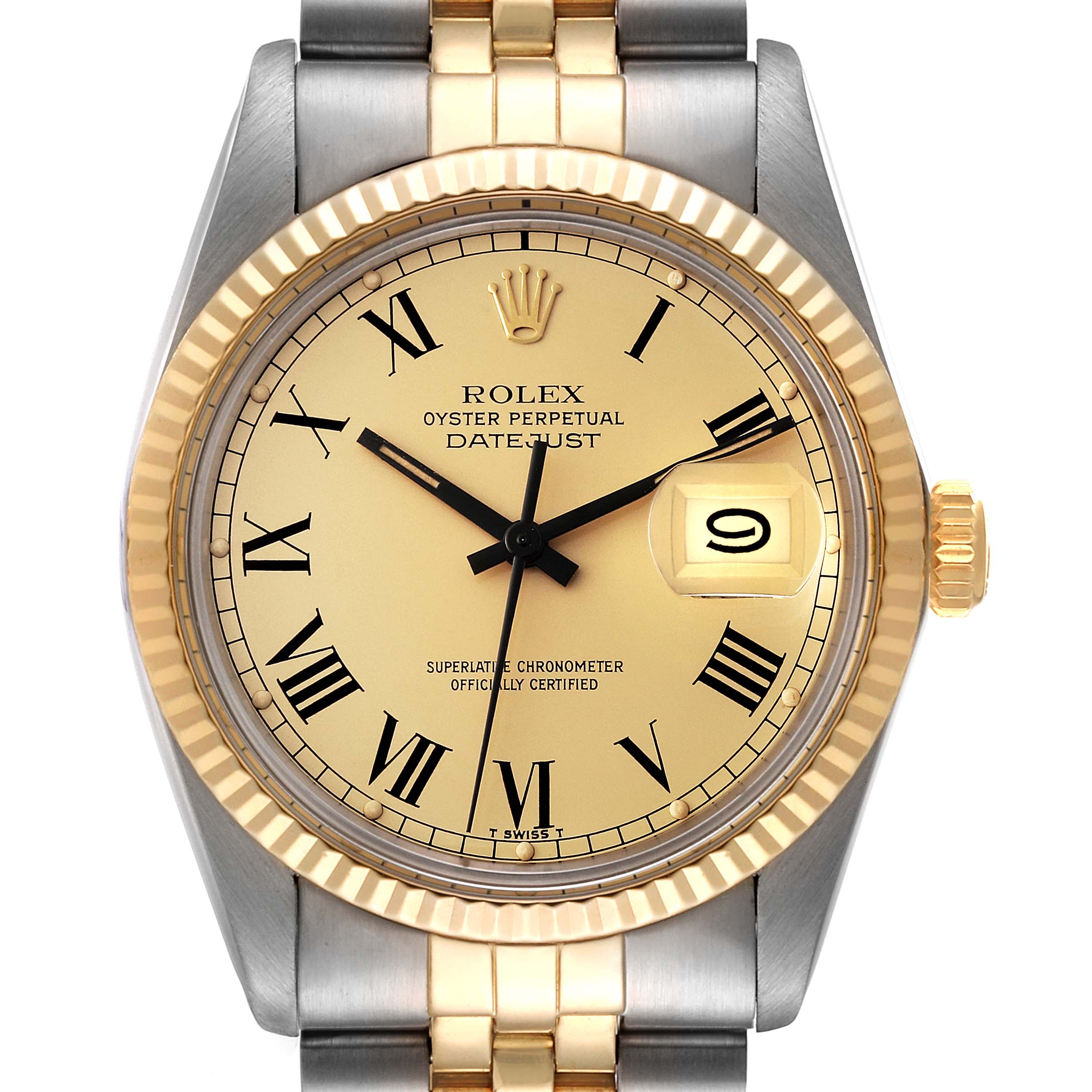 This image shows a close-up front view of a Vintage Collection Rolex Oyster Perpetual Datejust, highlighting the dial, bezel, and part of the bracelet.