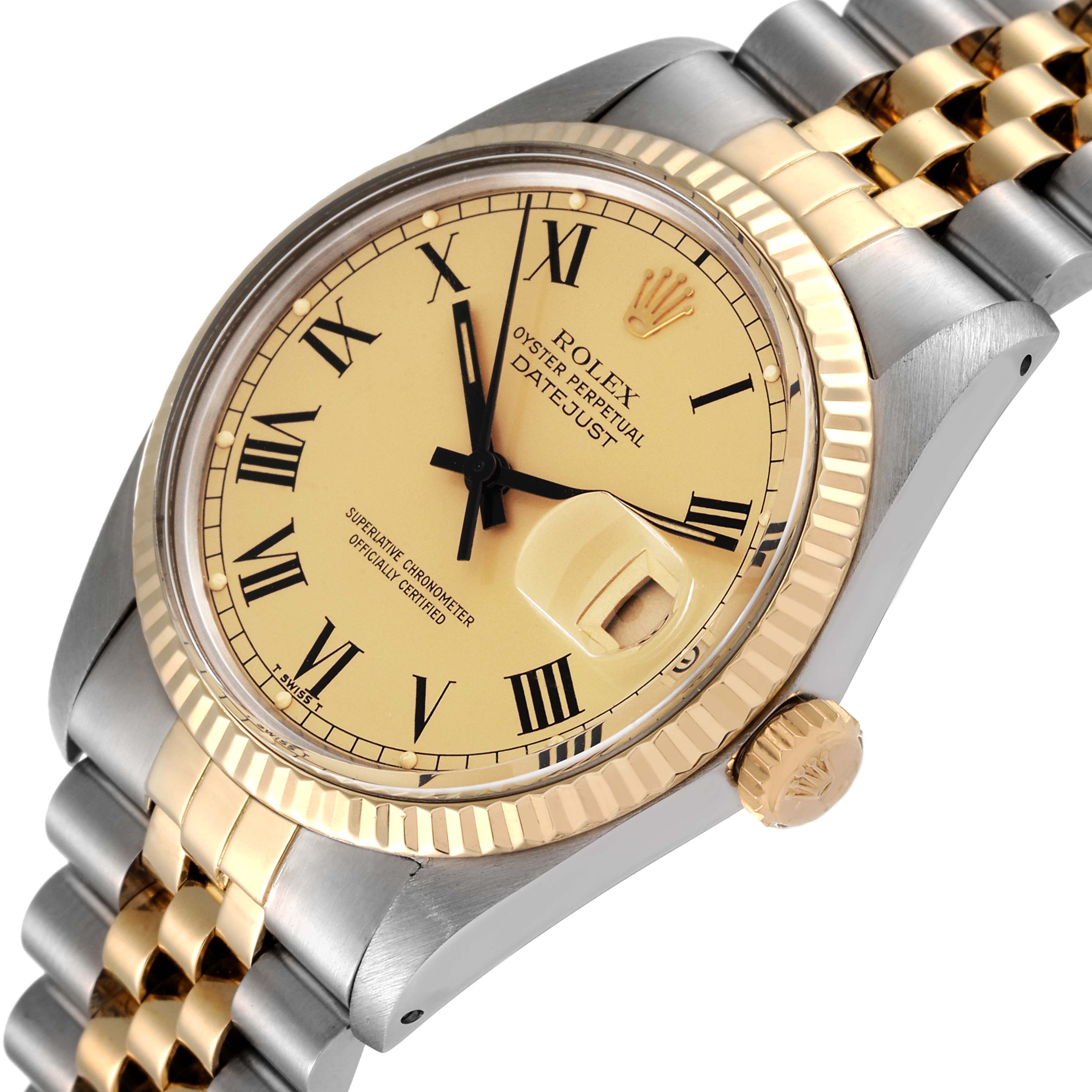 This Rolex Vintage Collection 16013 Men's Steel and Gold (two tone) Champagne Dial 16013 Men's Steel and Gold (two tone) Champagne Dial Datejust watch is shown at an angled close-up highlighting its dial, bezel, and part of the bracelet.