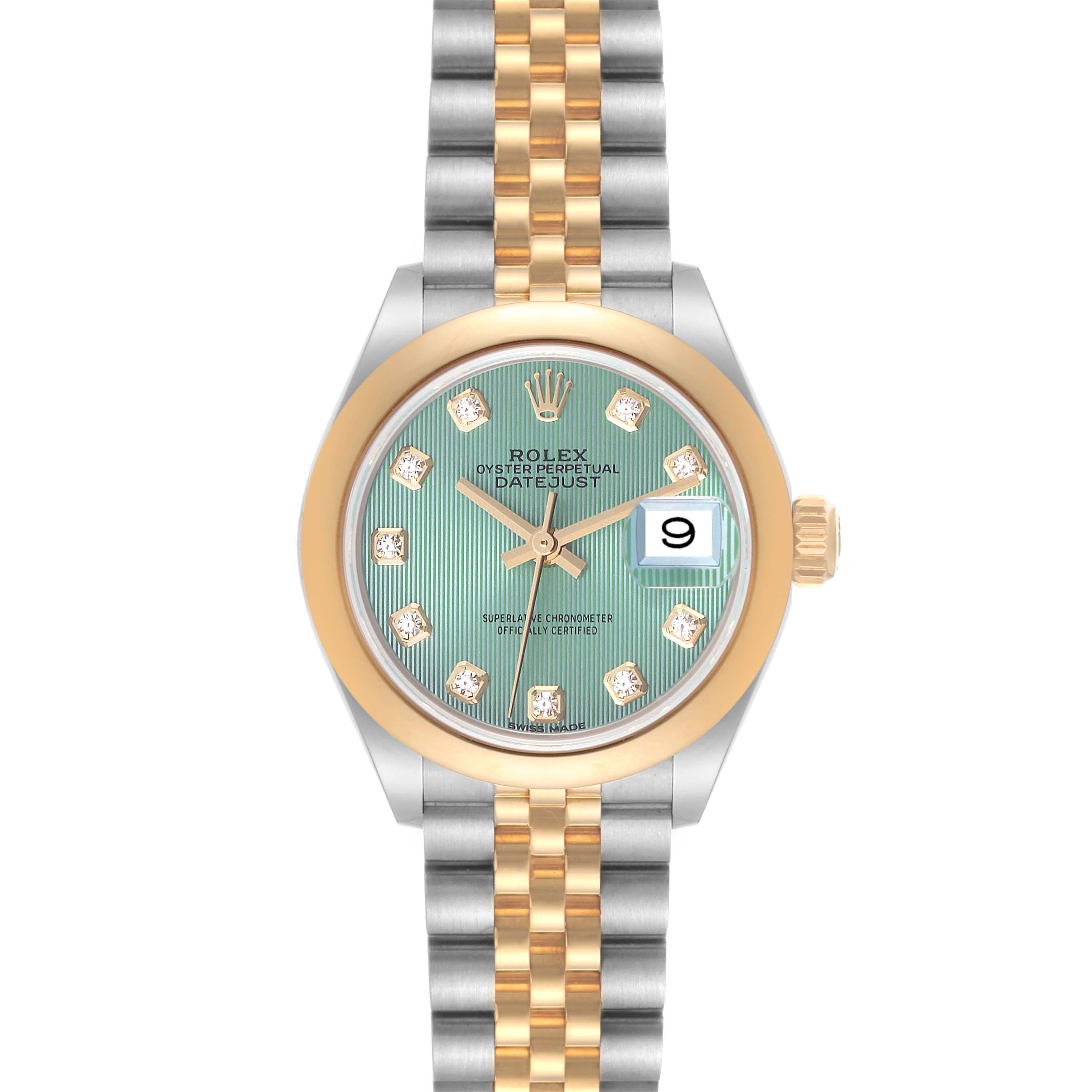 This image shows a Rolex Datejust 279163 Women's Steel and Gold (two tone) Green Dial 279163 Women's Steel and Gold (two tone) Green Dial watch from a front angle, highlighting the dial, bezel, and bracelet.