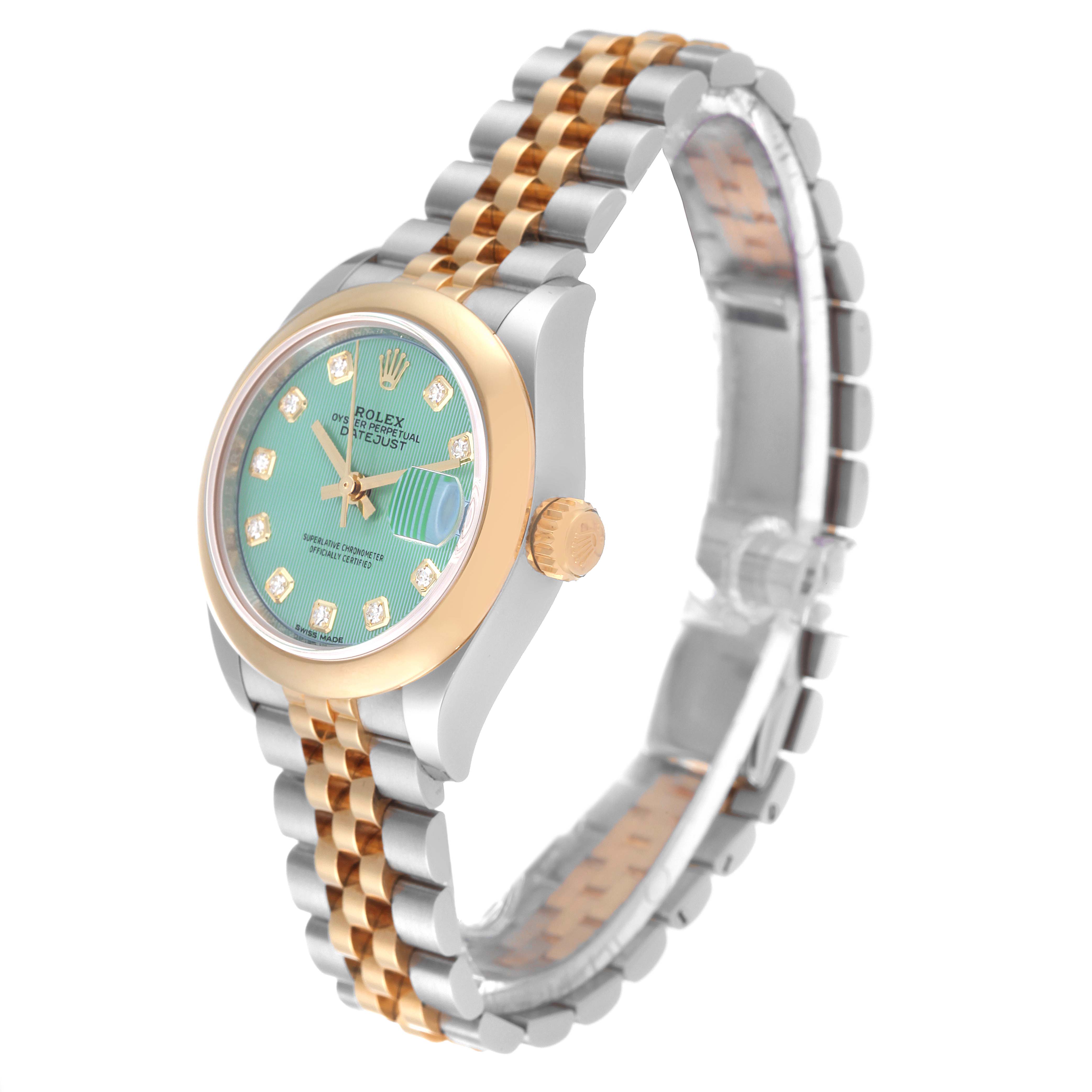 This image shows a Rolex Datejust 279163 Women's Steel and Gold (two tone) Green Dial 279163 Women's Steel and Gold (two tone) Green Dial model watch at a slight left side angle, highlighting the dial, bezel, crown, and bracelet.